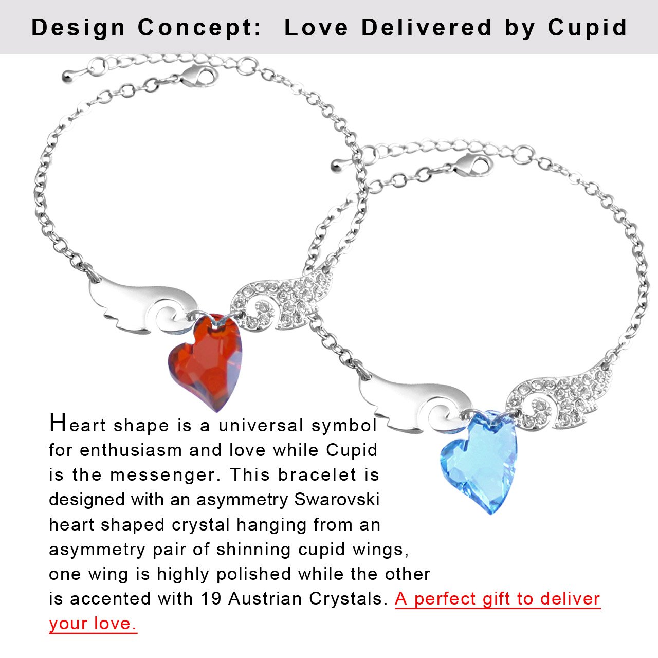 Dahlia Heart Wing Crystal Bracelet - Red for Valentine's Day Gifts