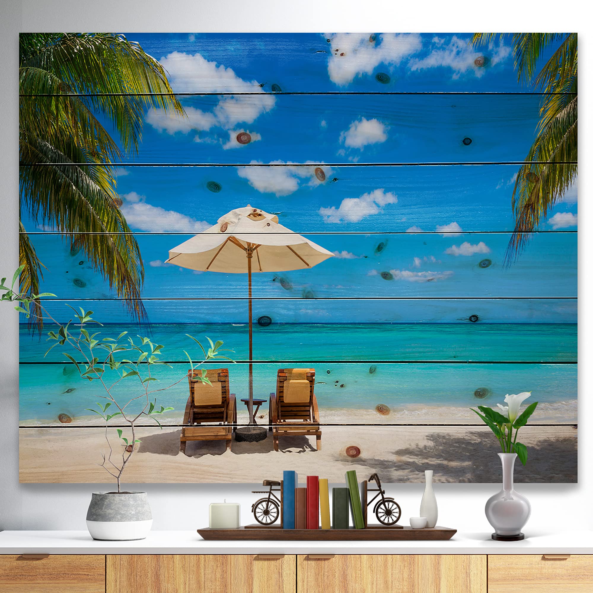 Turquoise Beach Wood Wall Art with Chairs - Coastal Nautical Decor, Large Blue Pine Wood Wall Panels for Living Room, Bedroom & Beach House Decor