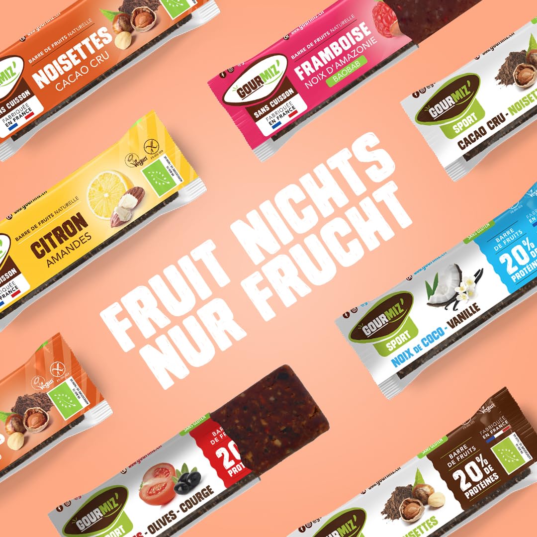 Gourmiz Fruit Bar - Discovery Pack 6 Bars, High Energy Carbohydrate & Organic Protein Bars, Dates, Vegan Snacks, Gluten Free, No Added Sugar - Perfect for Sports, Hiking & Healthy On-the-Go Snacking
