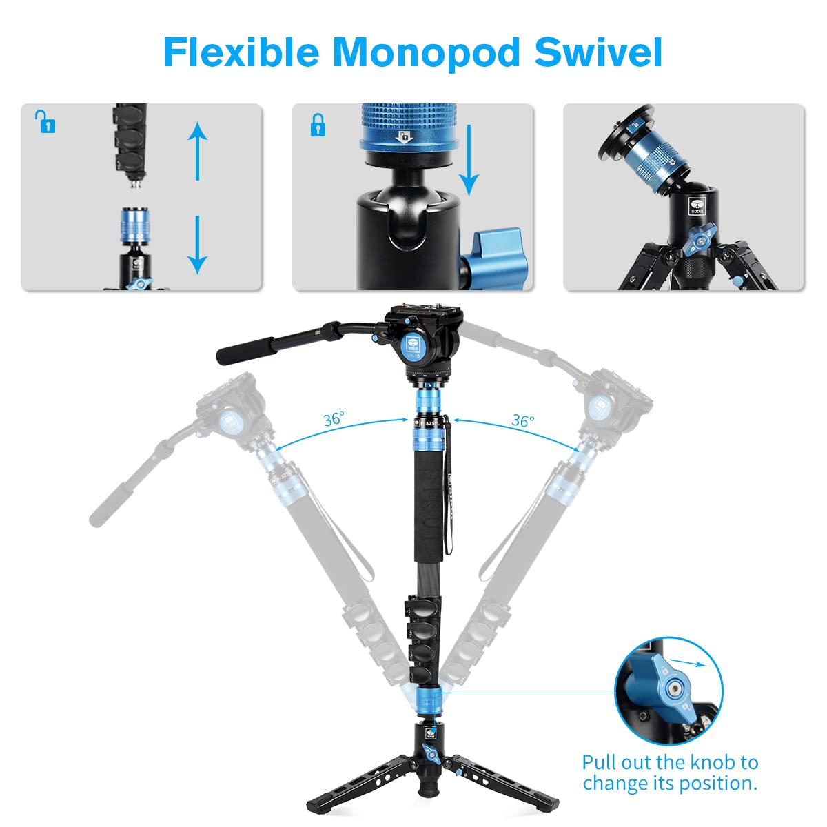 SIRUI P-325FL 179.5cm Carbon Fiber Camera Monopod with Removable Tripod Base & VH-10 Fluid Head - Professional DSLR Video Monopod for Photography, Travel, Vlogging (Max Load 10kg) - Perfect for Outdoor Shoots, Events, and Film Production