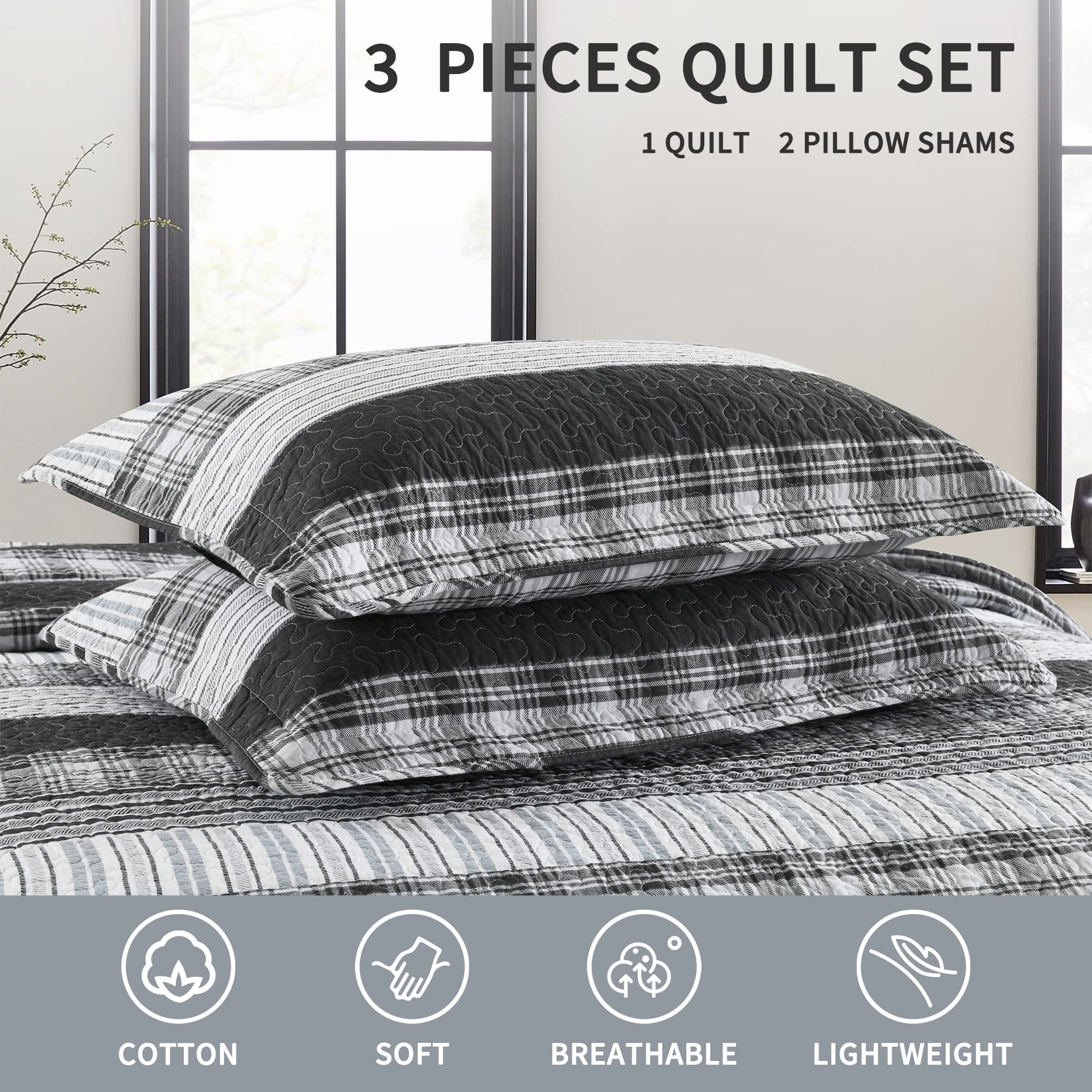 Homzard King Size Quilt - Black & White Striped Cotton Comforter Set | Grey Farmhouse Bedding | Lightweight All-Season Duvet Cover for Master Bedroom, Guest Room & Cozy Home Decor