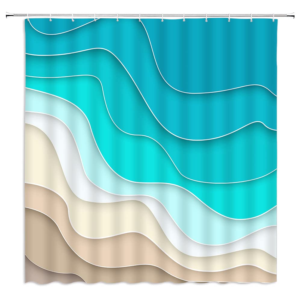 Modern Geometric Ombre Wave Stripes Shower Curtain - Abstract Ocean Beach Design, Minimalist Aesthetic Polyester Fabric Bathroom Curtain with Hooks - Perfect for Coastal, Boho & Contemporary Bathroom Decor