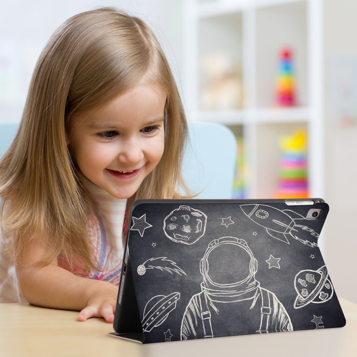 Premium iPad Folio Case with Astronaut Space Design - Slim Protective Cover for iPad Pro/Air/Mini - Perfect for Work, Travel & School Use