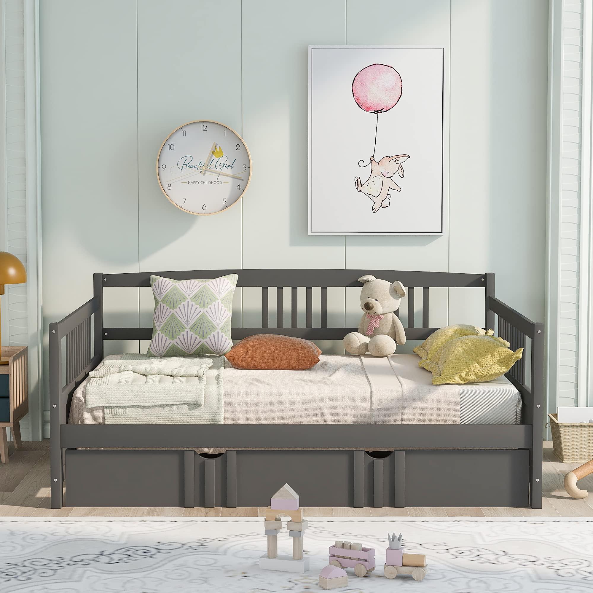 Full Daybed with Twin Trundle - Solid Wood Sofa Bed Frame with Slatted Support for Bedroom & Living Room - No Box Spring Required (Grey) | Perfect for Guest Rooms, Small Apartments & Multi-Functional Spaces
