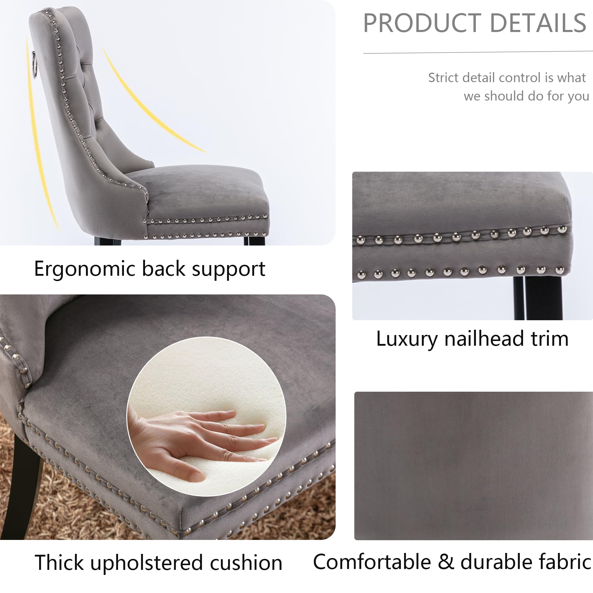 Rhomtree Set of 2 Velvet Dining Chairs - Luxury Tufted Back with Nailhead Trim & Ring Pull, Solid Rubberwood Legs (Grey/Black) for Kitchen, Dining Room & Home Decor