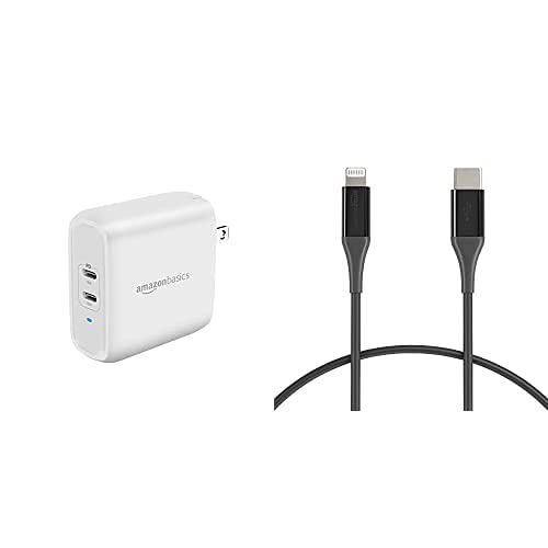 Amazon Basics USB-C to Lightning Cable & 20W USB-C Wall Charger Combo - MFi Certified Fast Charger for iPhone 11/12/13/14 Pro Max, iPad Pro/Air/Mini - 6ft Nylon Braided Cable (Black) - Perfect for Home, Office & Travel Charging