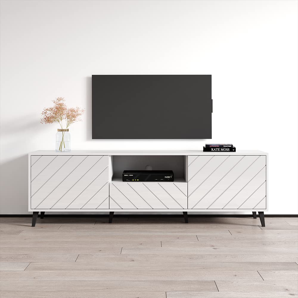Mid-Century Modern White High-Gloss TV Stand with Storage - 71
