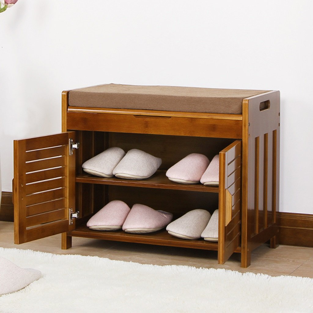 2-Tier Natural Bamboo Shoe Bench with Storage Drawer & Cushion - Over The Door Shoe Rack Organizer (60cm Length) - Space-Saving Entryway Storage for Small Apartments & Closet Organization