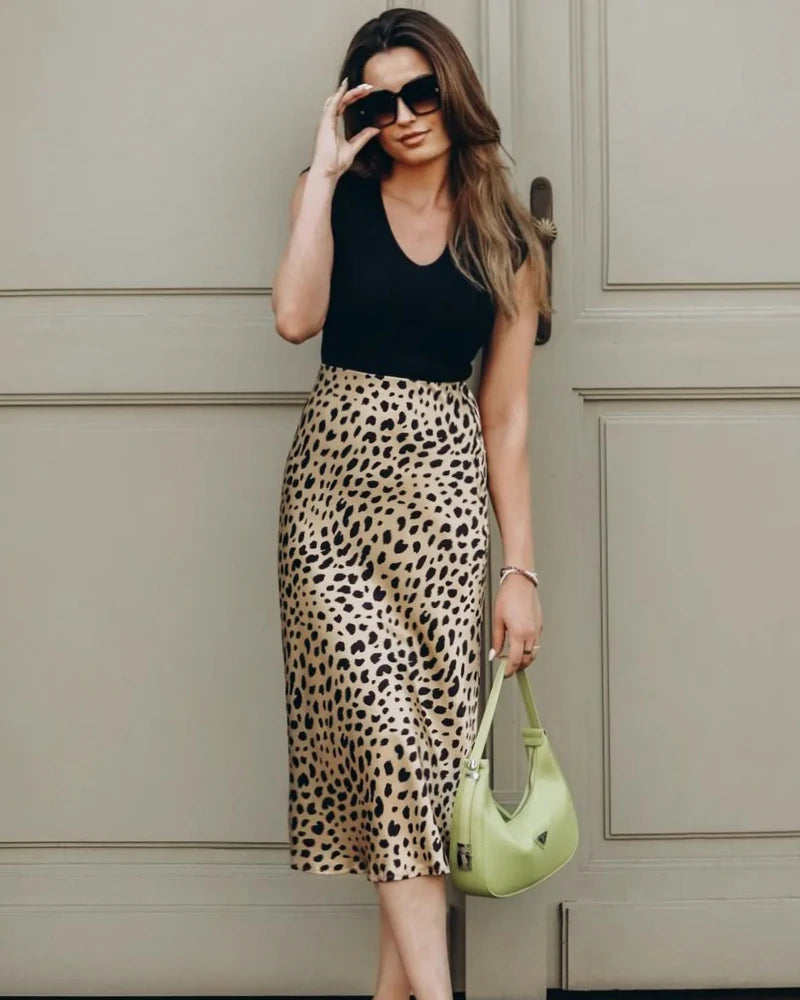 Leopard Print 100% Silk Midi Skirts for Women - Elegant Animal Print Wrap Skirt - Comfortable & Stylish Summer Fashion - Perfect for Office, Party & Date Night Outfits