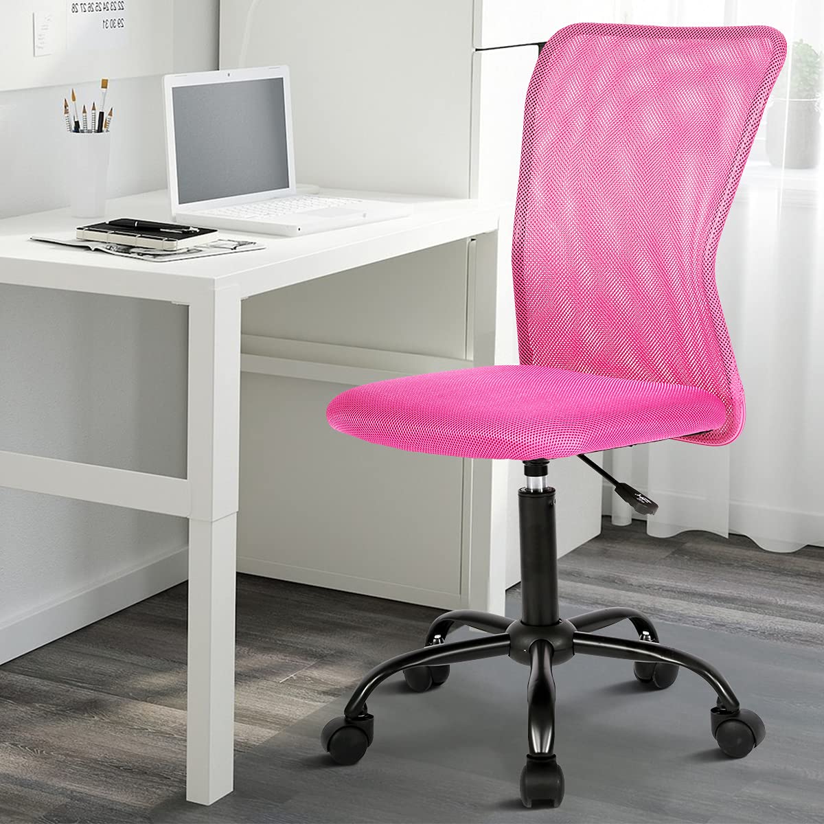 Ergonomic Office Chair with Mid Back & Lumbar Support - Mesh Computer Desk Chair with Swivel & Wheels - Adjustable Armless Modern Chair for Women & Men (Pink) - Perfect for Home Office, Gaming & Workspaces