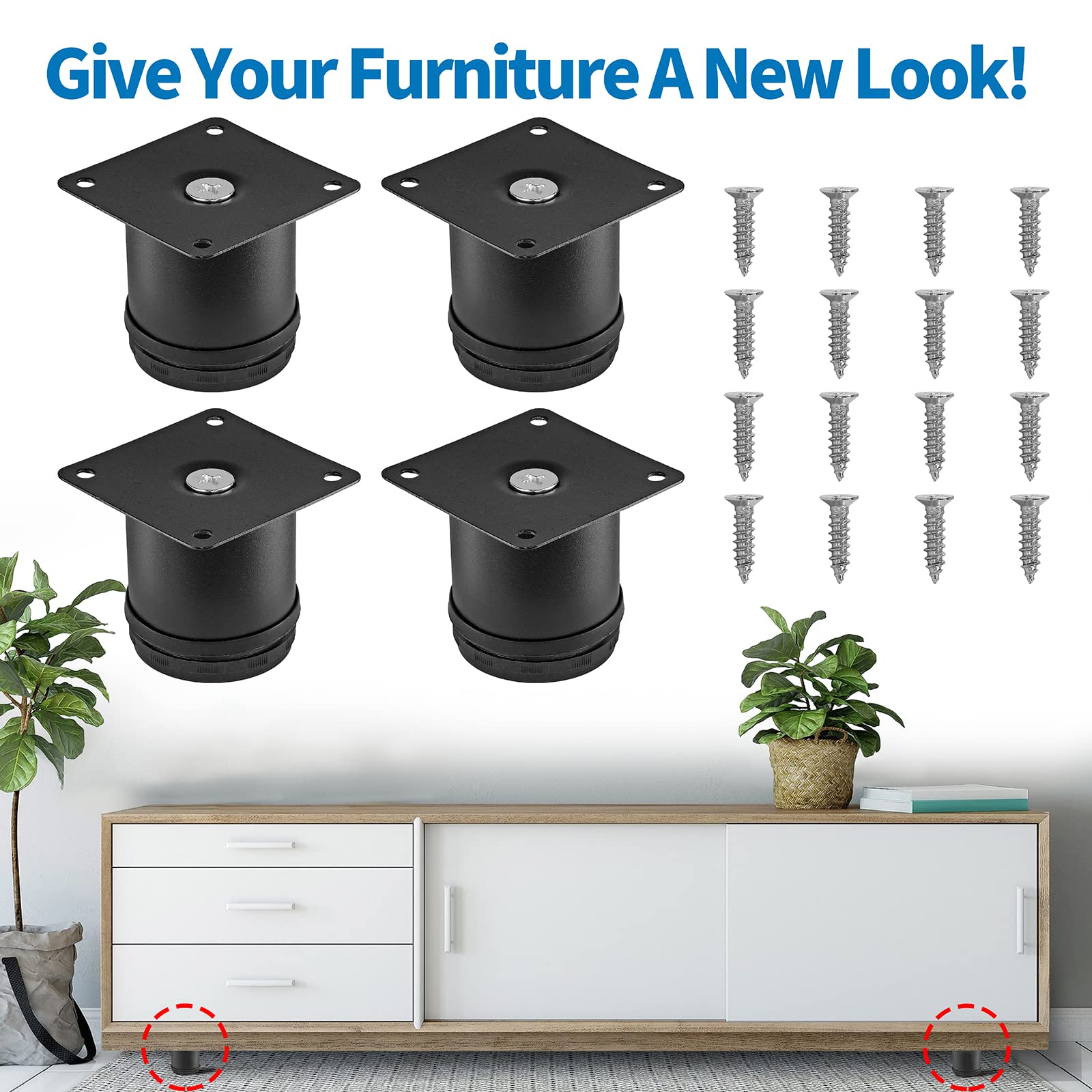 2.5 Inch Adjustable Stainless Steel Metal Furniture Legs - Round Black Cabinet Legs for Coffee Table, Desk, Sofa & Shelves (Pack of 4) - Perfect for Modern Home & Office Furniture Upgrades