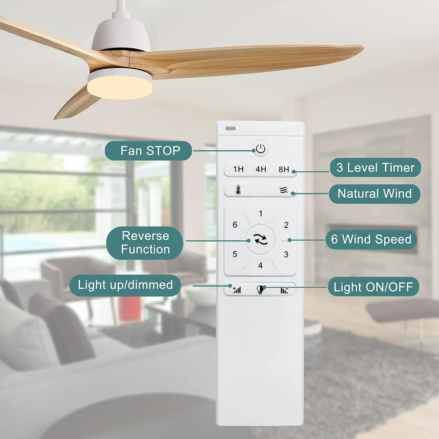 56 Inch Wood Ceiling Fan with Light & Remote Control - 6-Speed Quiet Energy Saving Indoor Ceiling Fan, 3-Blade Light Wood Grain Design - Perfect for Living Room, Bedroom & Office