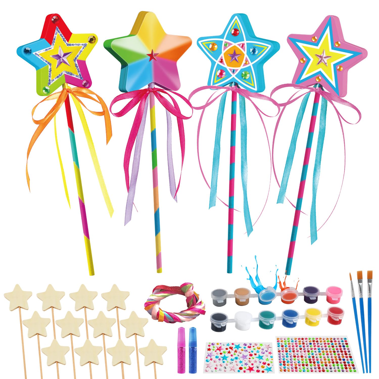 DIY Wooden Princess Wand Craft Kit - 12 Sets with Fairy Wands, Gem Stickers, Paint & Ribbons - Magical Party Supplies & Creative Gift for Girls - Perfect for Birthday Parties, Dress-Up Play & Fairy-Themed Events