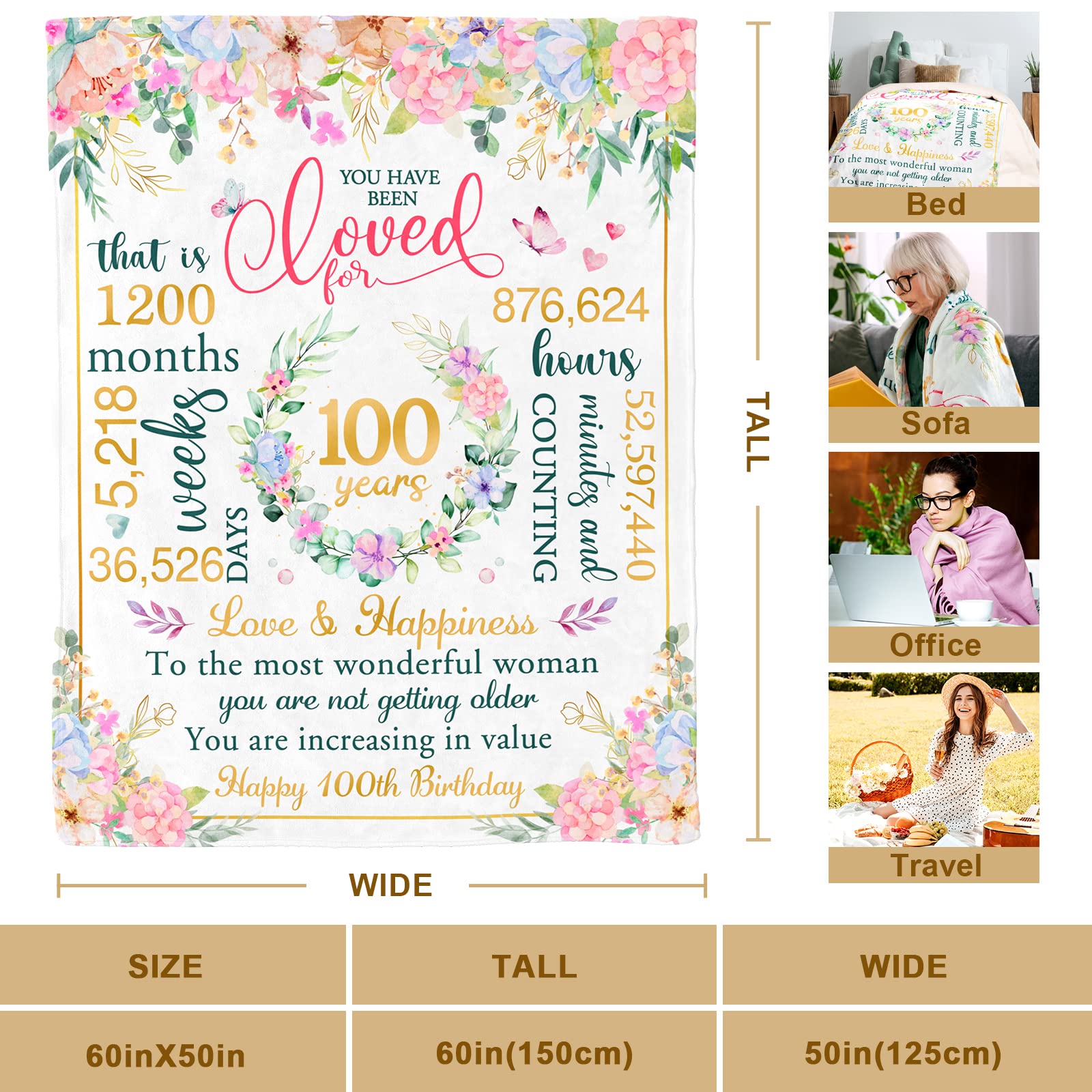 100th Birthday Gifts for Women - Best 100th Birthday Decorations & Soft Throw Blanket 50