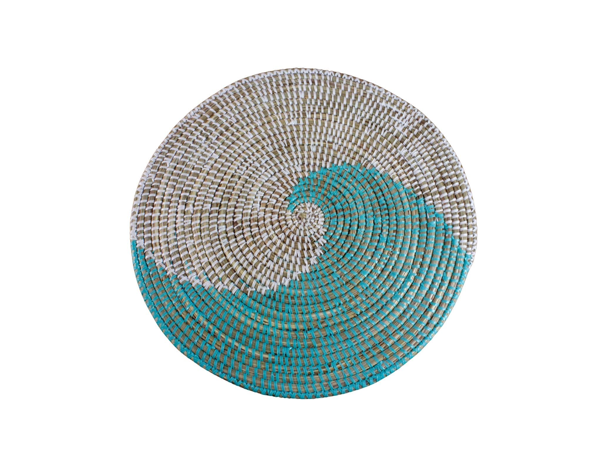 Handwoven African Bohemian Seagrass Placemats - Natural Round Wicker Basket Placemats & Decorative Hanging Wall Plates (Light Blue & White) | Perfect for Boho Dining, Kitchen Decor & Wall Art