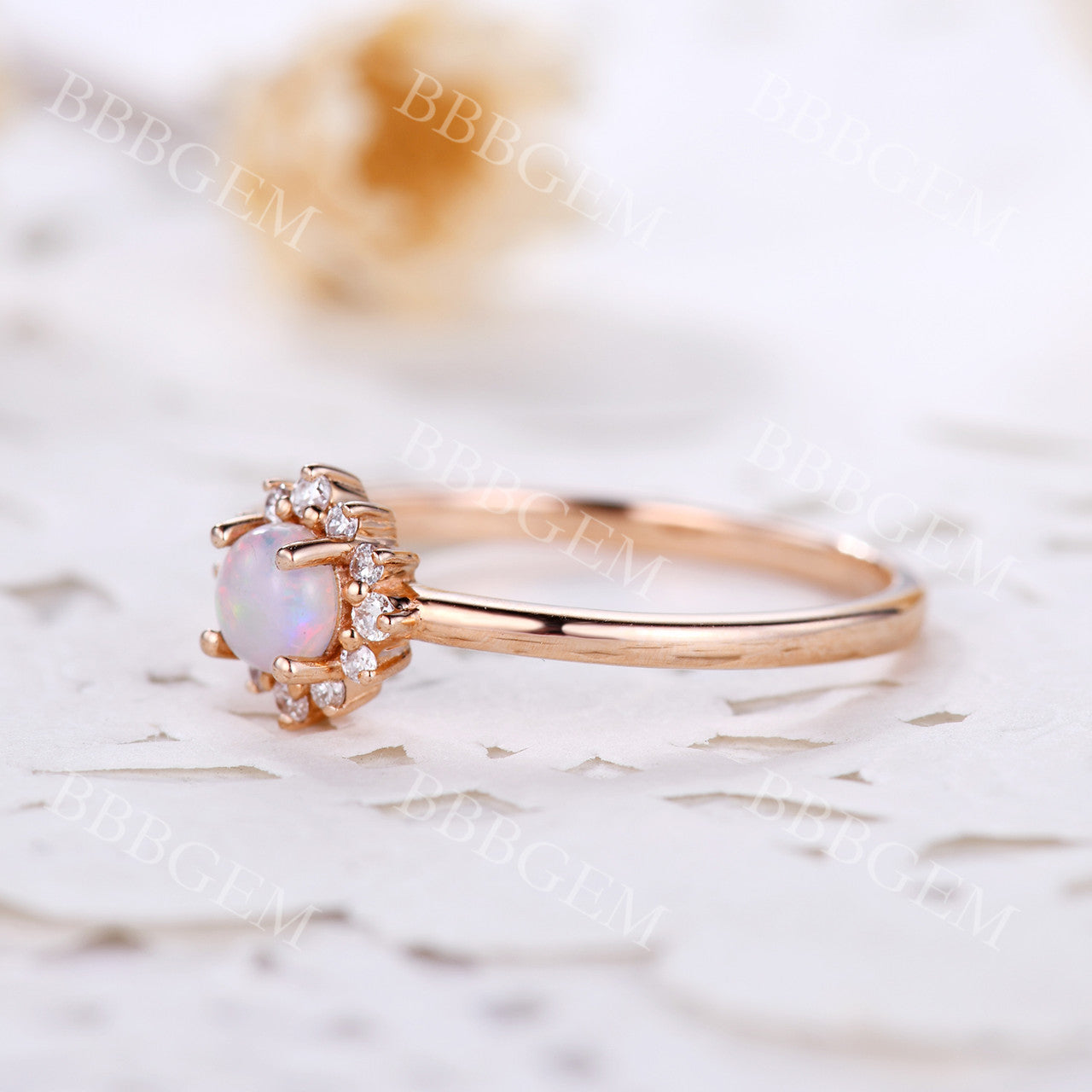 0.5CT Dainty White Fire Opal Engagement Ring with Diamond Halo in Rose Gold - Perfect for Wedding, Proposal & Anniversary Gifts