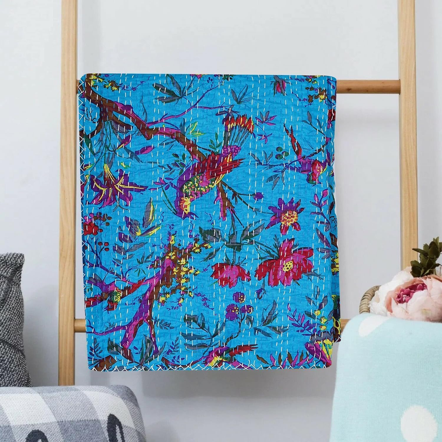 Handmade Cotton Kantha Quilt - Indian Bedspread & Throw Blanket with Bird Print, Reversible Design (Twin Size 60x90 Inches, Turquoise) - Perfect for Bedroom Decor, Sofa Cover, and Cozy Home Use