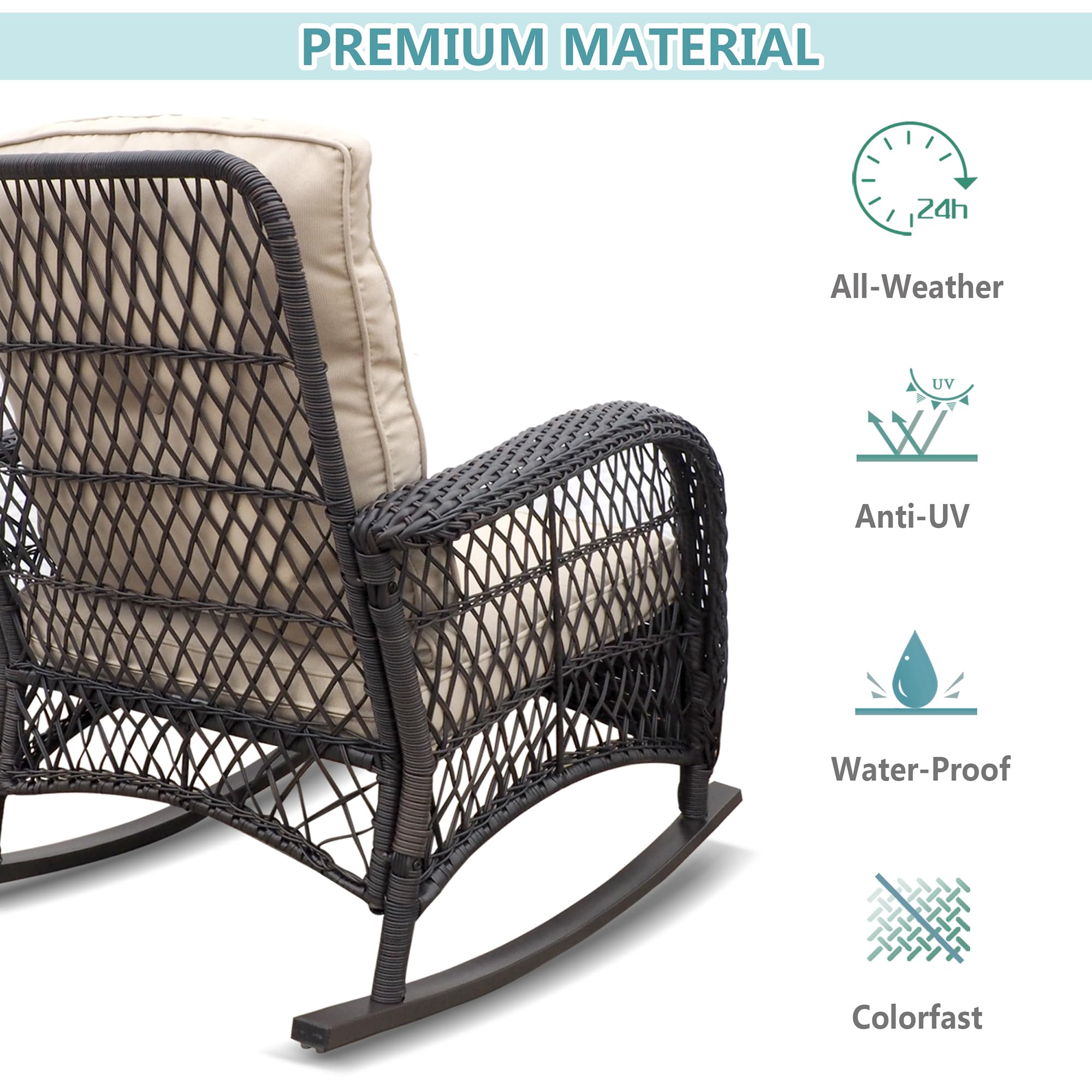 3-Piece Rattan Rocking Chair Set with Khaki Cushions & Coffee Table - All-Weather Resin Wicker Patio Furniture for Backyard, Garden & Living Room | Perfect for Outdoor Relaxation, Porch Sitting & Home Decor