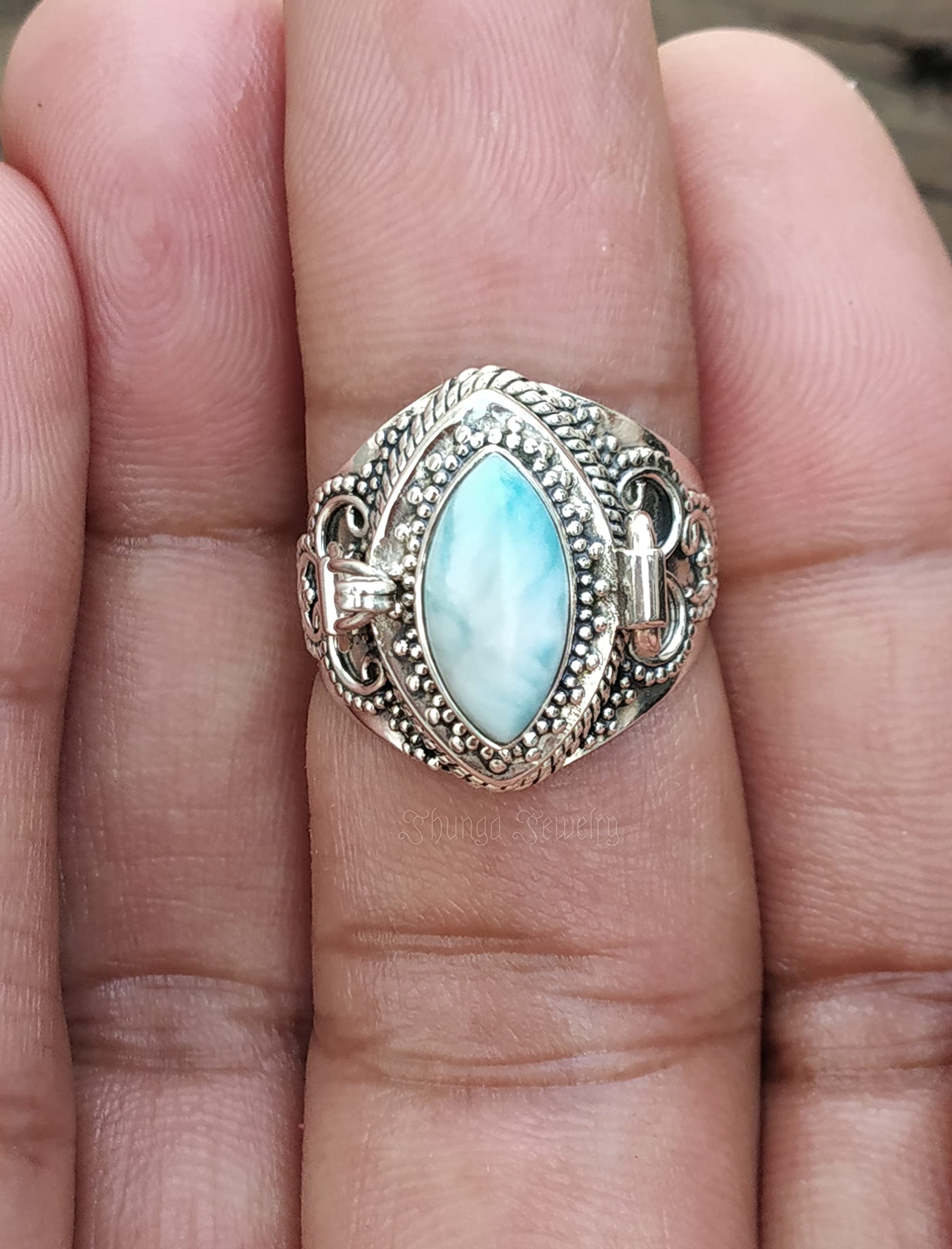 Dominican Republic Larimar Poison Ring - Sterling Silver Locket Ring with Secret Compartment | Magic Portal Jewelry, Bali Style Pill Box Ring | Perfect for Gifts, Witchy Aesthetic & Boho Fashion (Size 6)