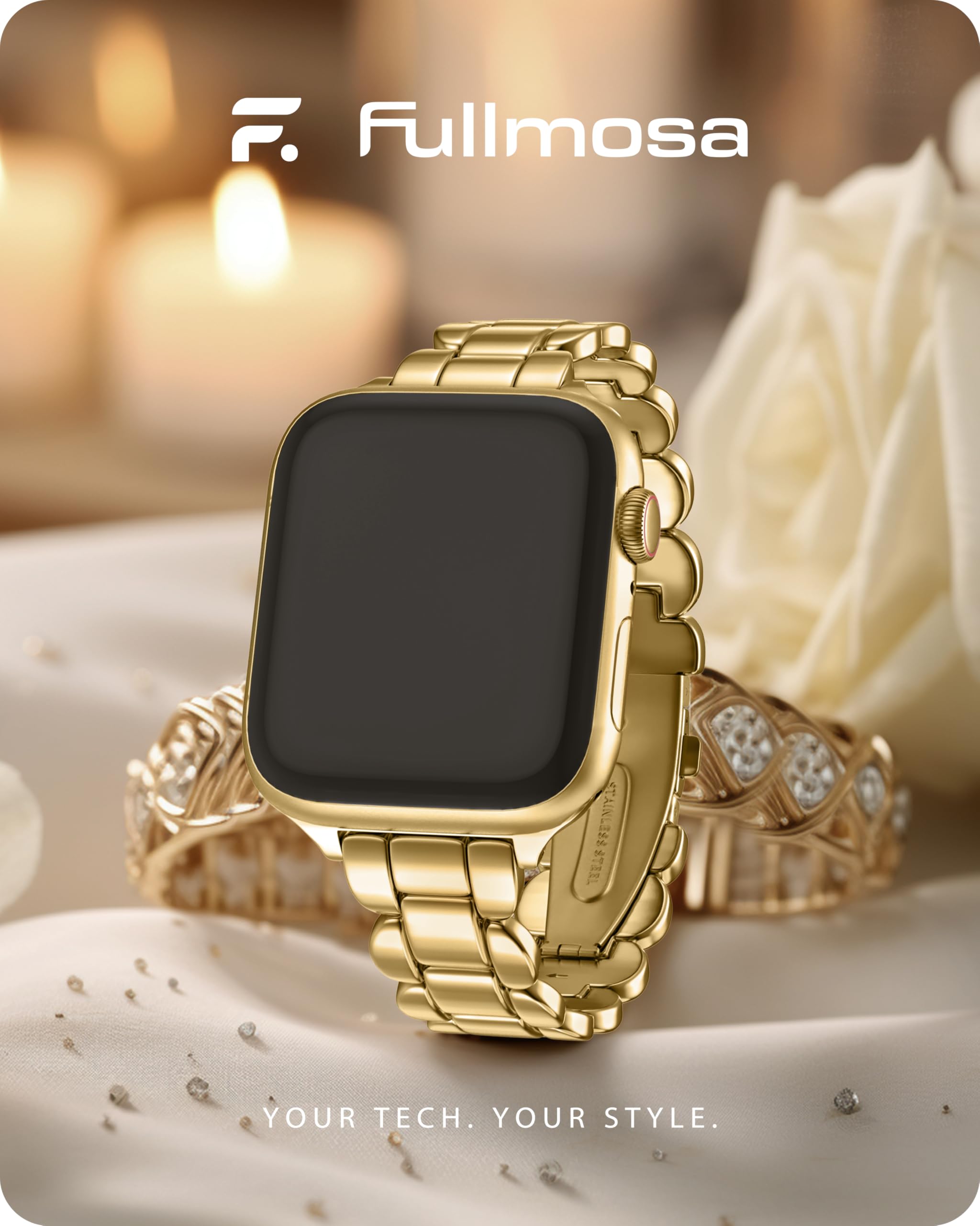 Fullmosa Stainless Steel Metal Band for Apple Watch Series 10 42mm, Series 9/8/7 41mm, SE2/SE/6/5/4 40mm, Series 3/2/1 38mm - Gold Women's Smartwatch Strap for Workout, Office & Everyday Wear