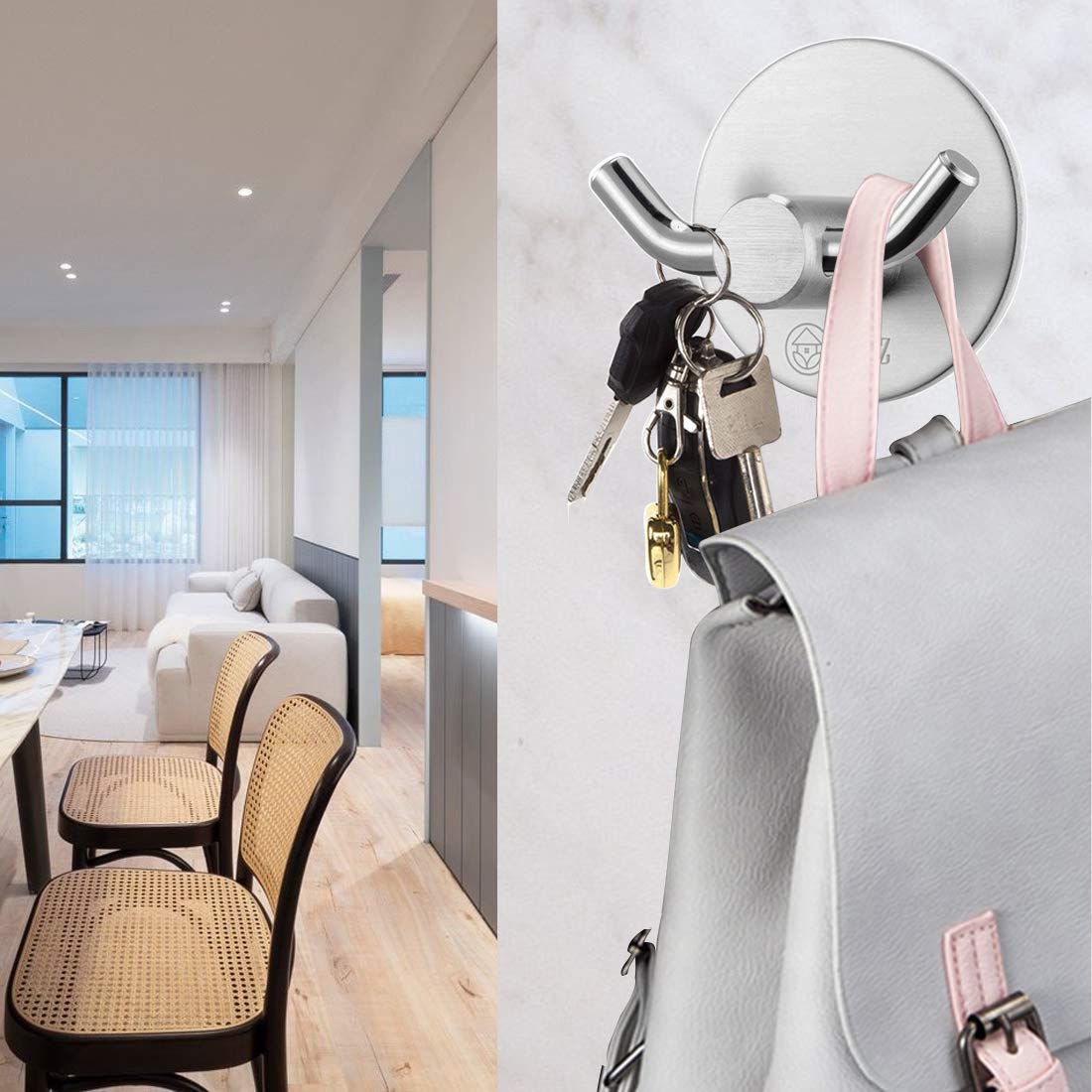QJUZ Double Prong Adhesive Wall Hooks - Heavy Duty Stainless Steel Bathroom & Kitchen Organizer for Towels, Robes, Keys, Bags, Coats & Hats (4 Pack) - Perfect for Shower, Entryway & Closet Organization