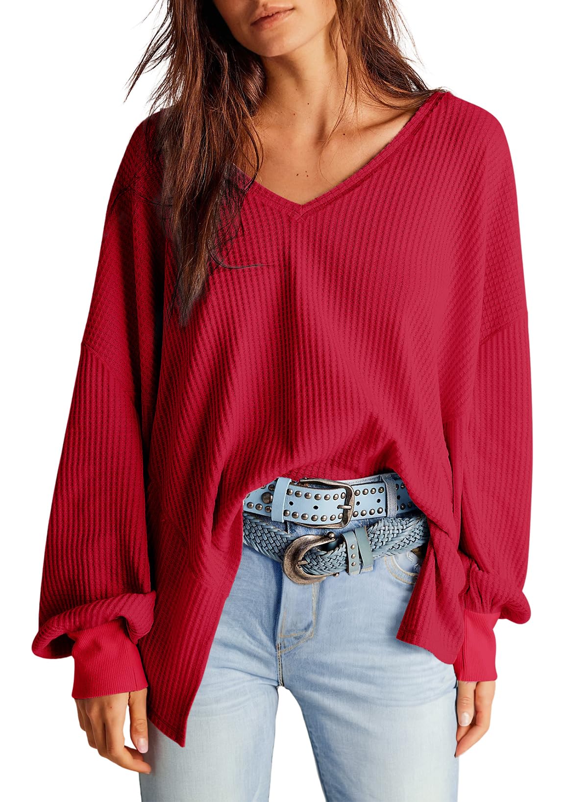 Women's Waffle Knit Long Sleeve V-Neck Oversized T-Shirt - 2025 Fashion Casual Blouse with Lantern Sleeves | Perfect for Everyday Wear, Office Outfits & Weekend Relaxation