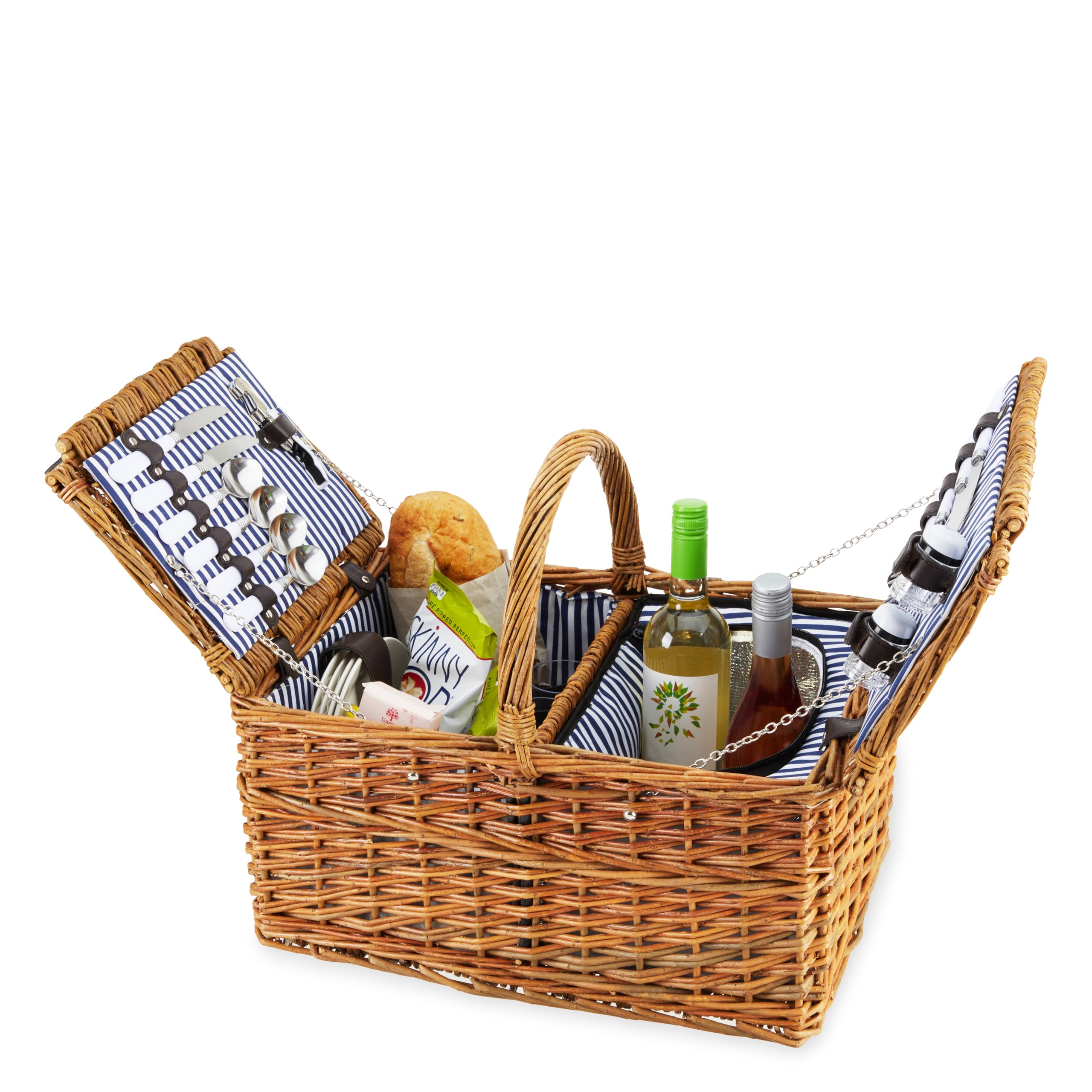 Twine Cape Cod Wicker Picnic Basket Set for 4 with Insulated Compartments - Includes Silverware, Plates, Napkins, Wine Glasses & Accessories | Perfect for Outdoor Dining, Beach Picnics, Camping & Garden Parties