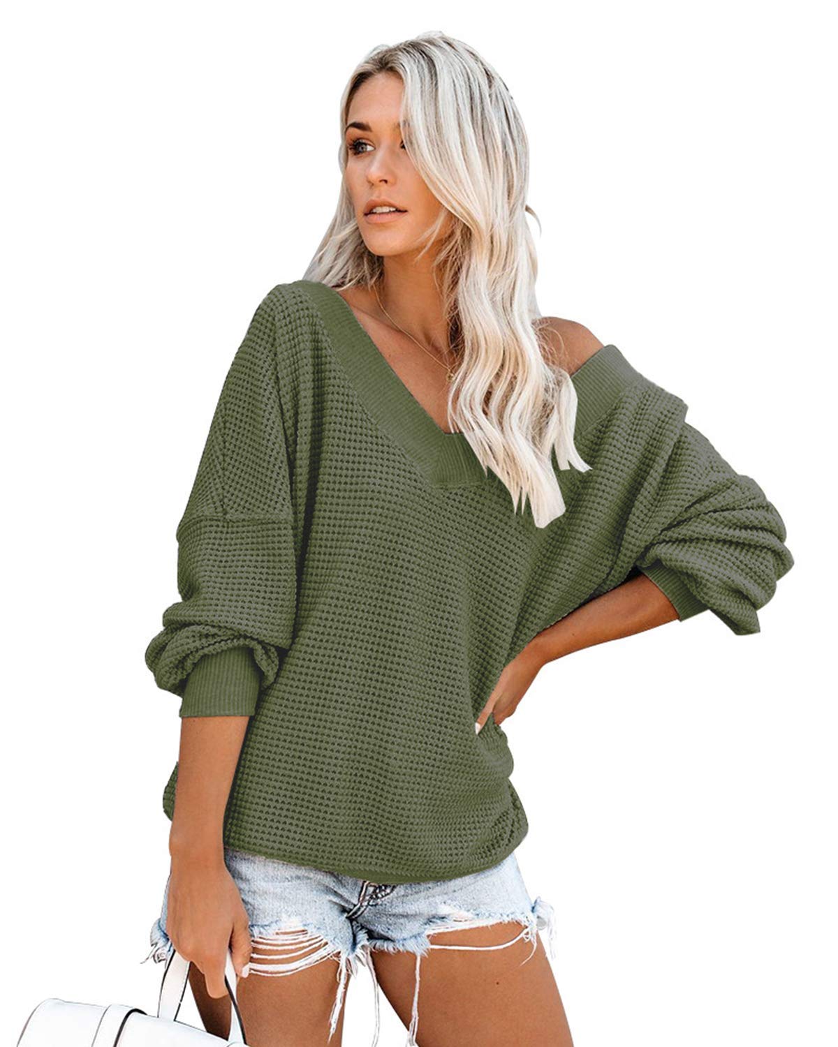 SHANUOINT Women's Casual Waffle Knit V-Neck Long Sleeve Tunic T-Shirt - Loose Fit Comfortable Top for Everyday Wear, Work & Weekend Outfits