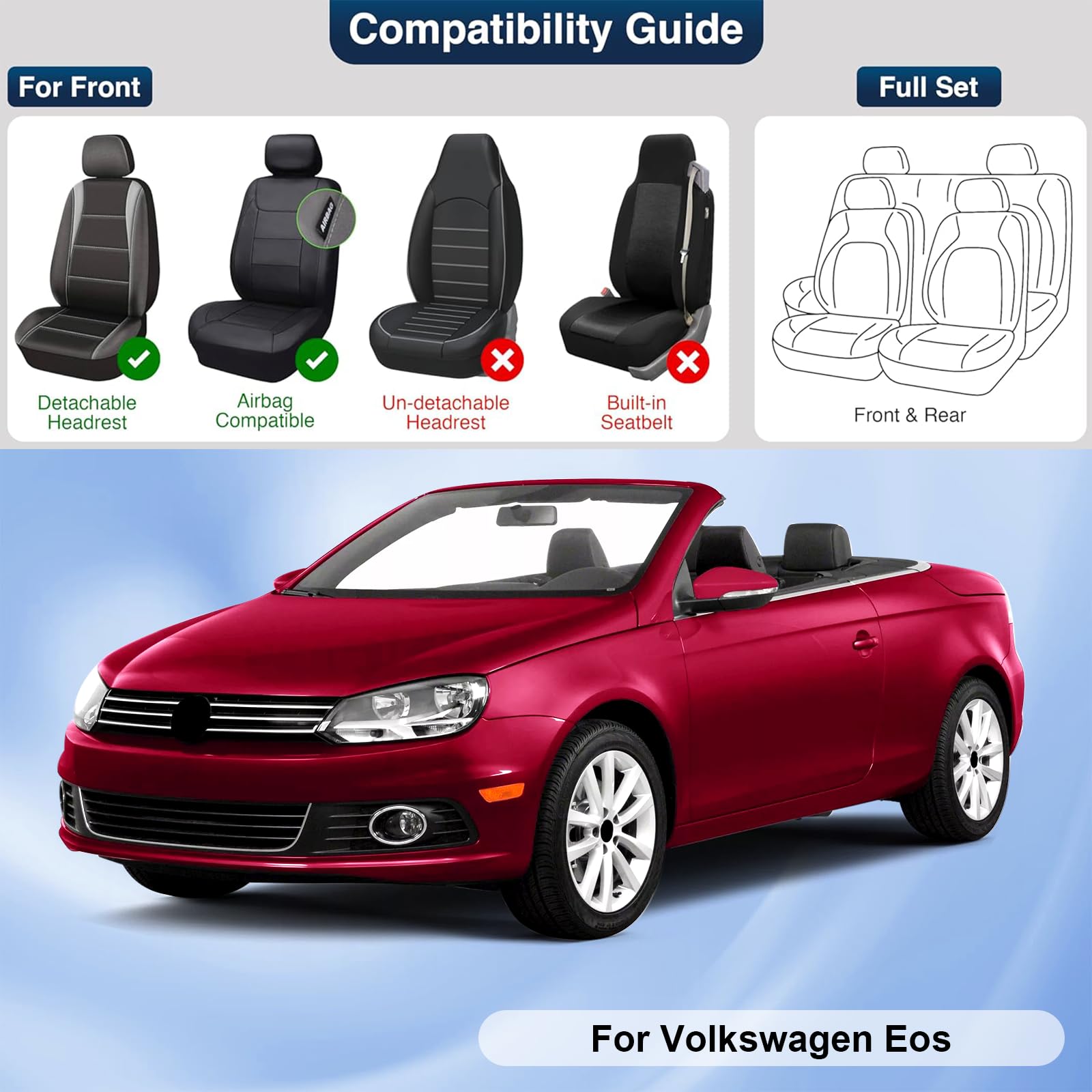 Premium Leather Car Seat Cover for Volkswagen Eos 2007-2016 - Universal Anti-Slip Design Fits Most Cars, Sedans, SUVs & Trucks (Black Red Bars) - Perfect for Road Trips & Daily Commuting
