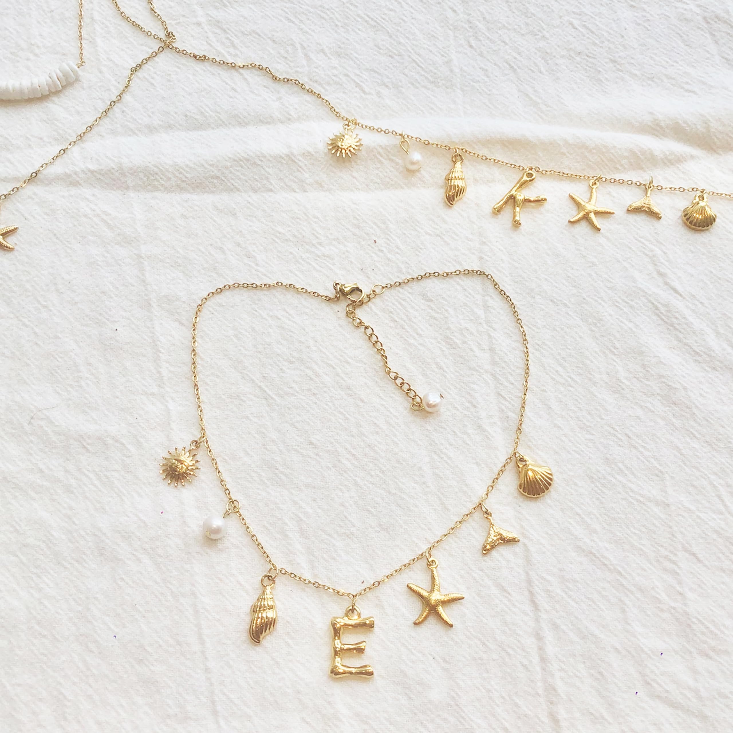 HUASAI Initial Charm Necklace for Women - Beach Starfish Shell Pearl Pendant Boho Surfer Jewelry - Perfect for Summer Vacation, Beach Party & Gift Giving