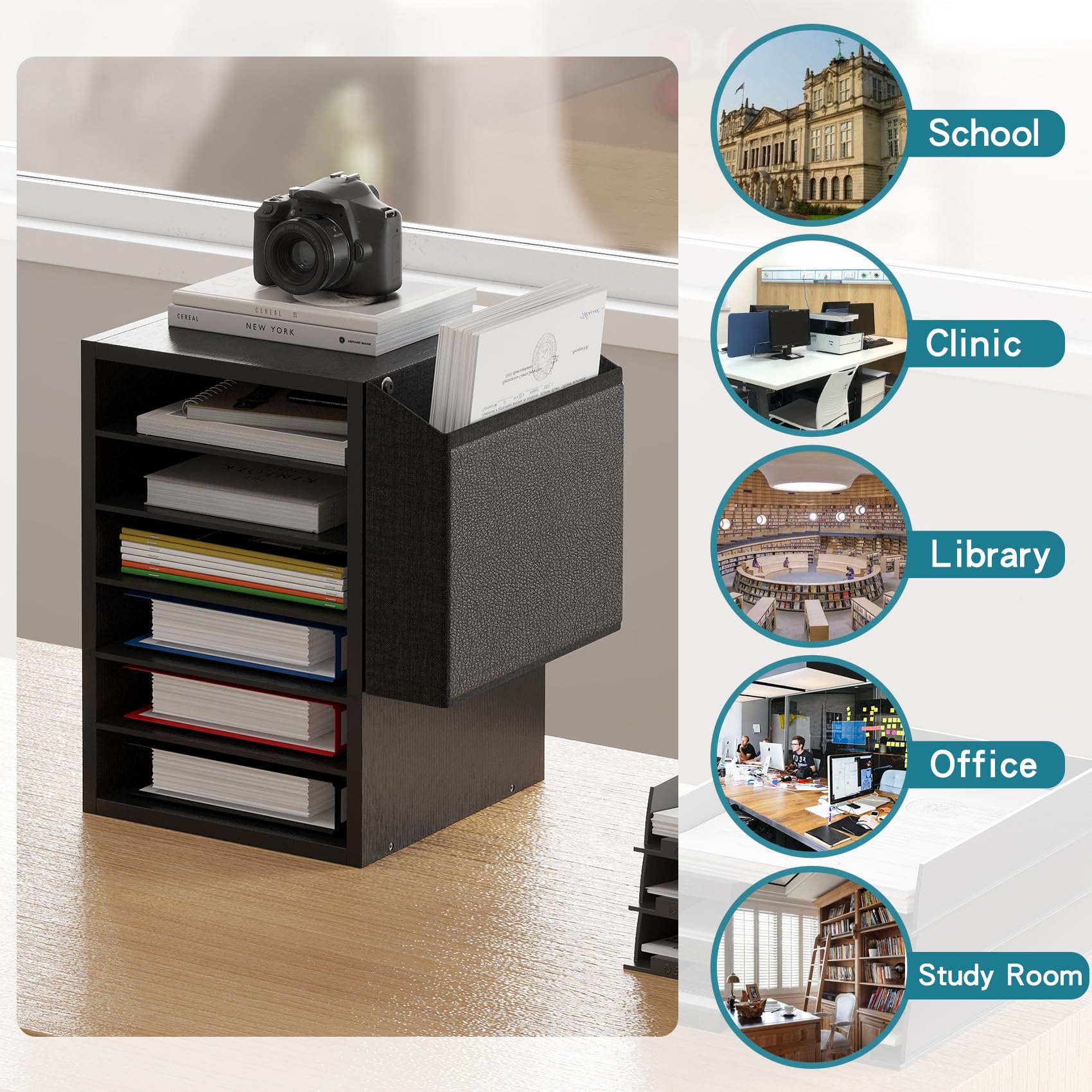 6-Tier Adjustable Wooden Mail Sorter with Name Slots - Black Literature Organizer, Office Desk File Storage, Teacher Classroom Mailbox - Perfect for Home Office, School, and Mail Organization