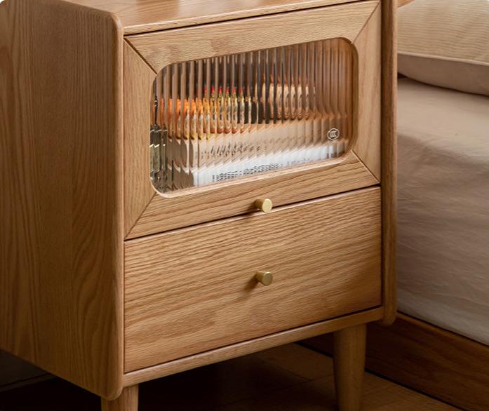 Solid Oak Wood Nightstand with Built-in LED Light - Modern Bedside Table for Bedroom, Living Room, or Office