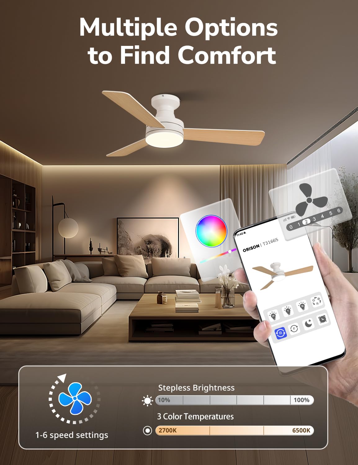 42-Inch Low Profile Flush Mount Ceiling Fan with Lights - RGB Backlight, Dimmable Lighting, 6 Speeds & 3 Reversible Blades - Remote & App Control - White - Perfect for Bedroom, Living Room & Office Spaces