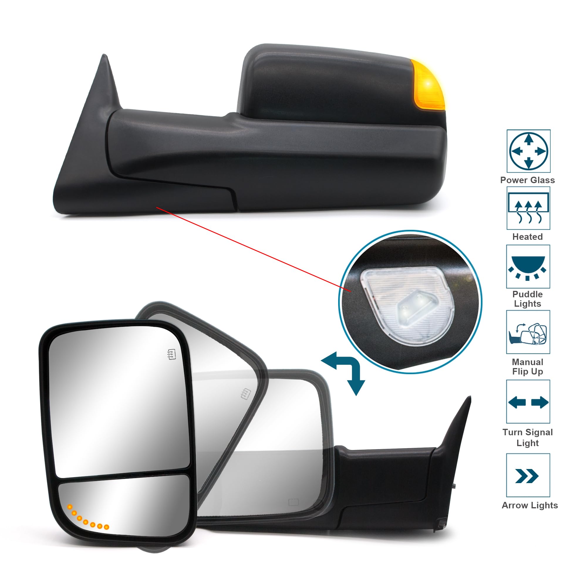Dodge Ram 1500 2500 3500 Towing Mirrors - Power Heated Manual Flip Up Tow Mirrors LH RH Compatible with 1998-2002 Models | Perfect for Towing Trailers, Boats & RVs | Enhanced Visibility & Safety