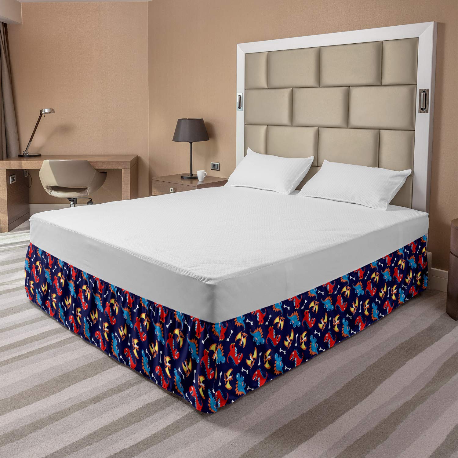 Ambesonne Dinosaur Elastic Bed Skirt - Queen Size Navy Blue, 3D Cartoon Dinosaur Print with Funny Expressions & Bones Design, Wrap Around Fabric Dust Ruffle for Bedroom Decor - Perfect for Kids Room, Dinosaur Themed Nursery or Fun Bedroom Makeover