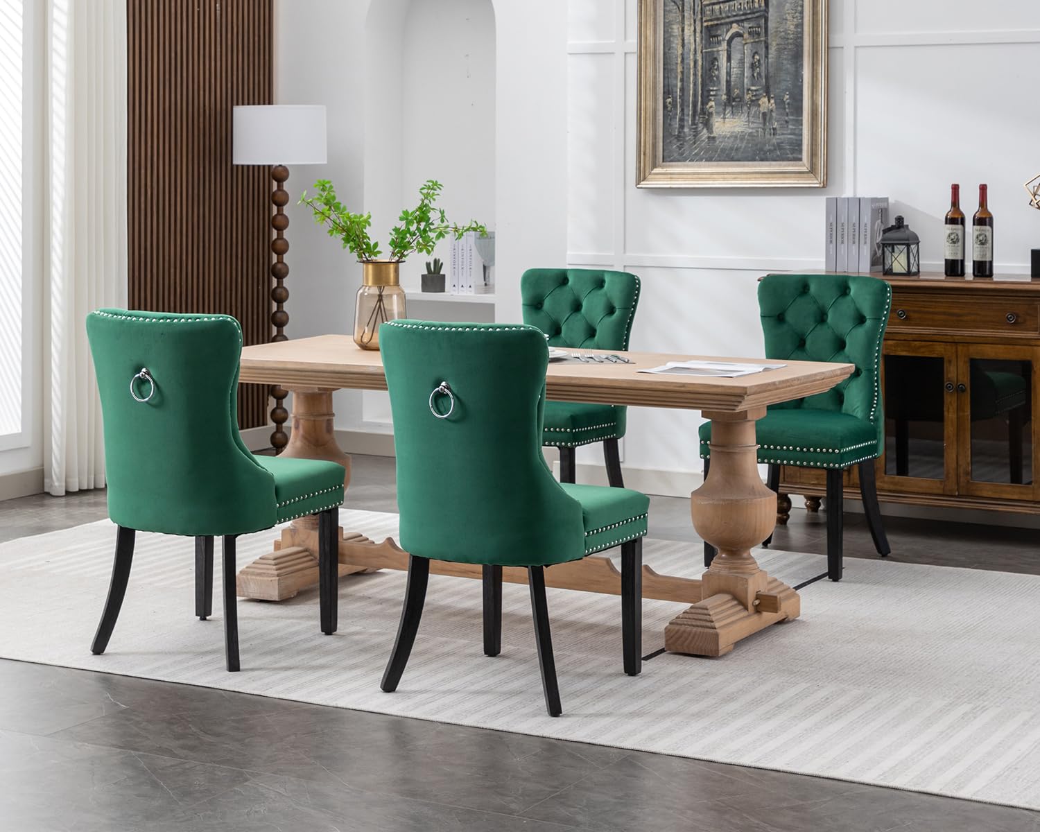 KCC Velvet Dining Chairs Set of 2 - Upholstered Tufted Modern Dining Room Chairs with Nailhead Trim & Solid Wood Legs, Nikki Collection Green Velvet Kitchen Chairs for Dining Room, Restaurant & Home Decor