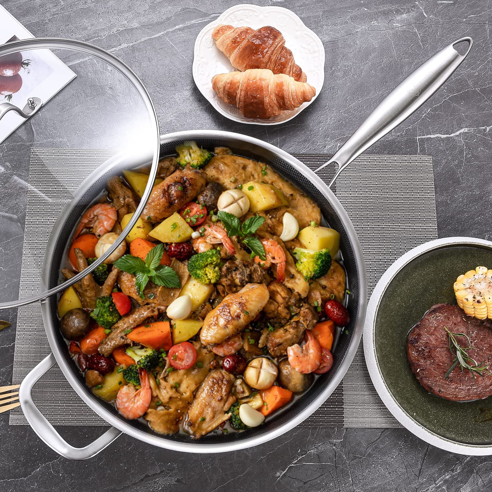 6 QT Hybrid Tri-Ply Stainless Steel Non-Stick Sauté Pan with Lid - 12 Inch Deep Frying Skillet, Induction Compatible & Oven Safe Cookware with Detachable Handle - Perfect for Sautéing, Frying & Baking in Home Kitchen