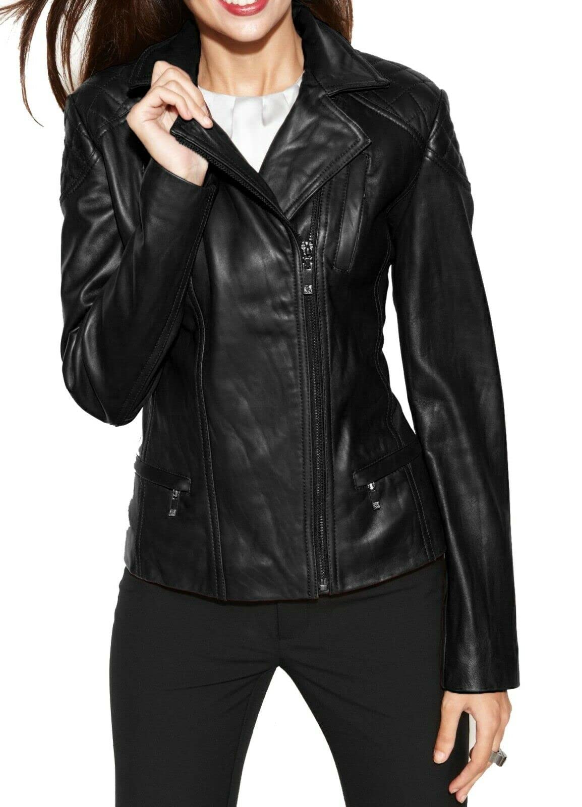 Genuine Leather Motorcycle Jacket for Women - Slim Fit Biker Jacket, Real Leather Moto Outwear (X-Small, Black) | Perfect for Riding, Casual Wear & Fashion Outfits