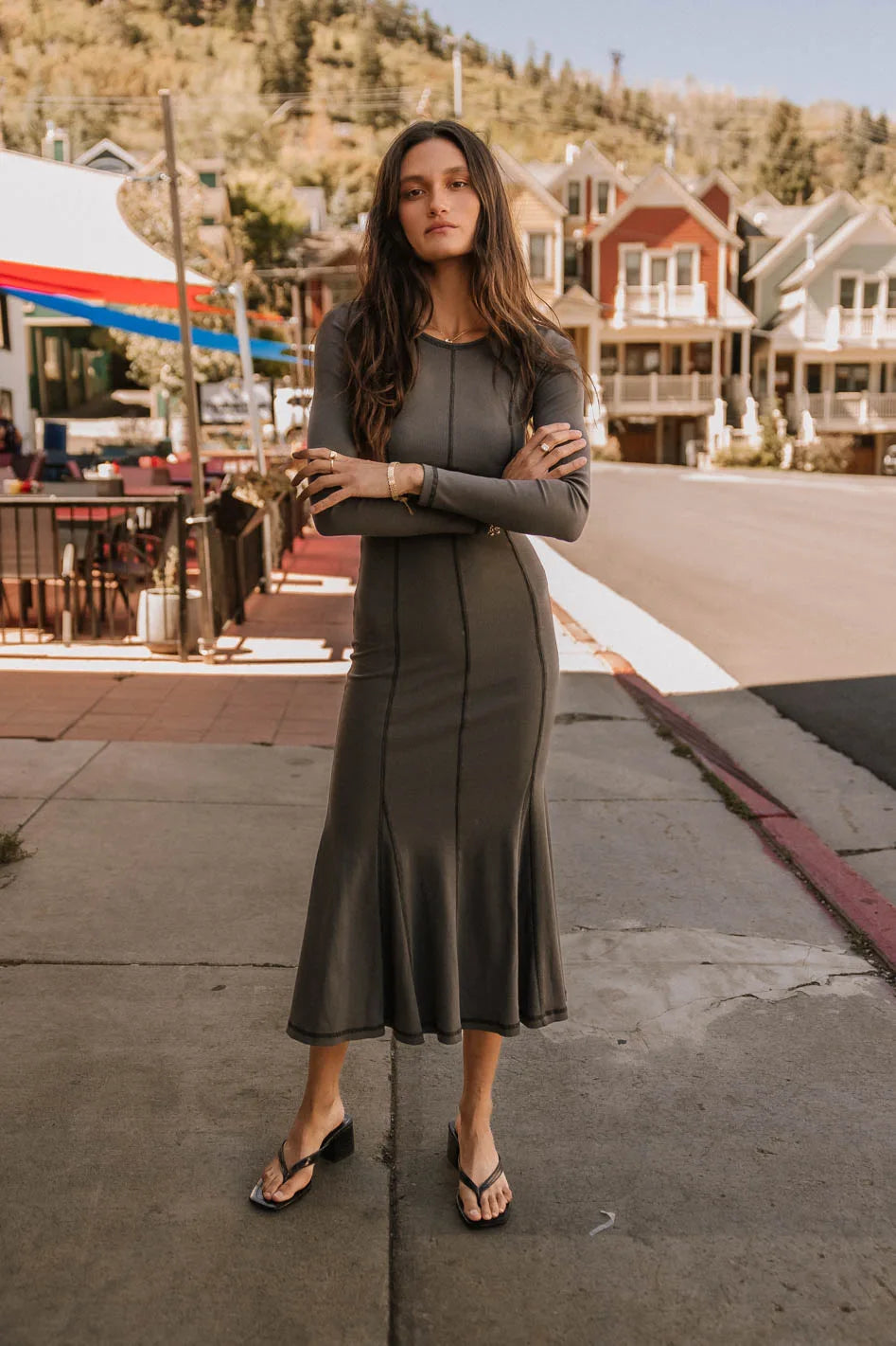 Fiona Ribbed Godet Dress in Charcoal - Elegant Bodycon Midi Dress for Women | Perfect for Cocktail Parties, Date Nights & Special Occasions