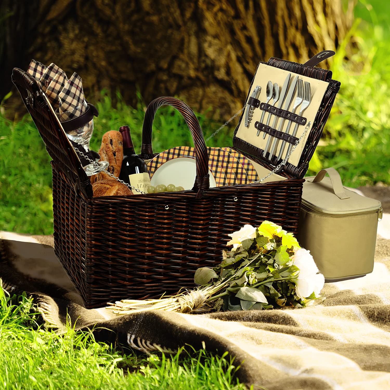 Premium Willow Picnic Basket Set for 4 - Includes Blanket & Coffee Service - Handcrafted in USA | Perfect for Outdoor Dining, Beach Picnics & Romantic Getaways