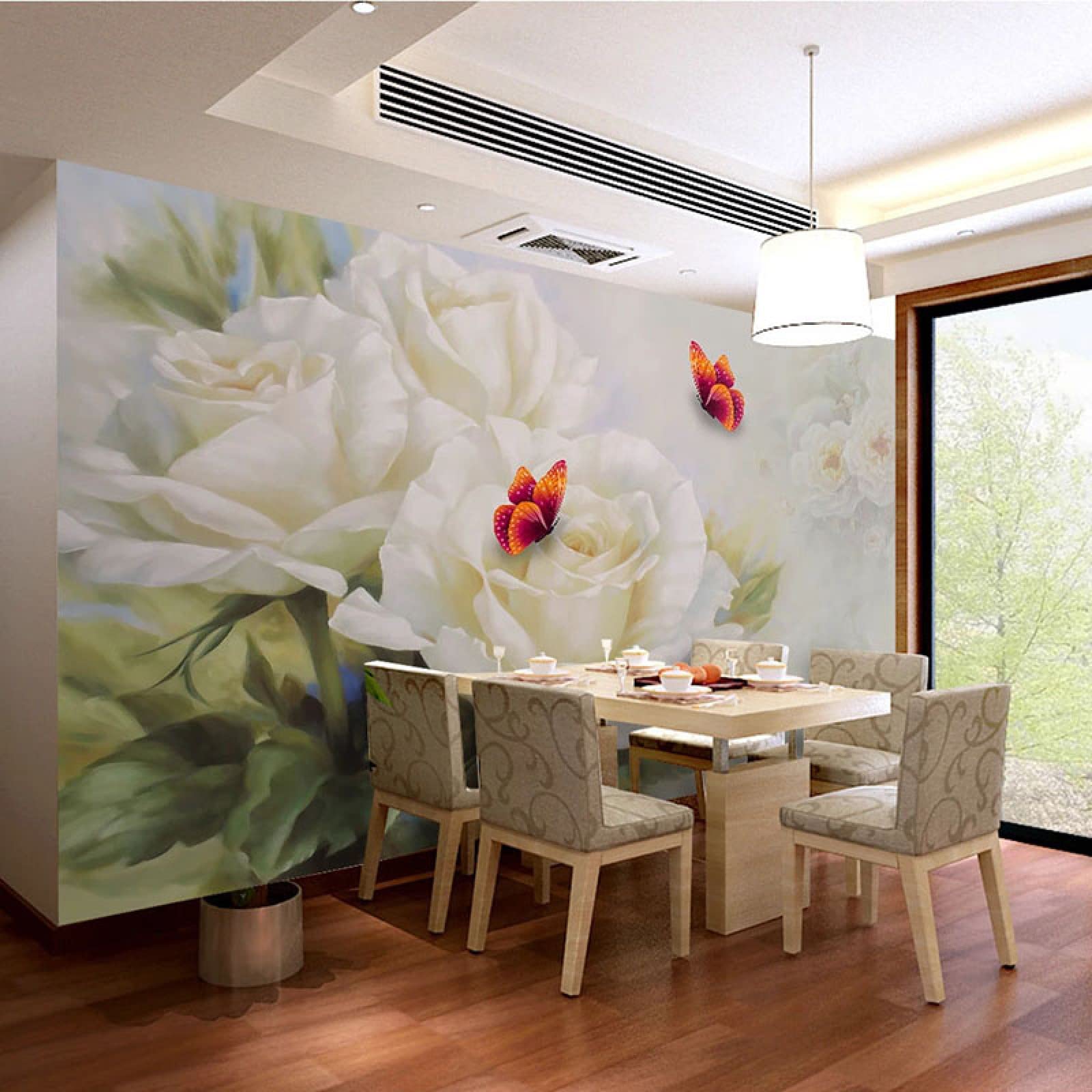 3D White Rose Garden Green Plants Wall Mural - Butterfly Flowers Art Painting Decor for Office & Nursery - Eco-Friendly Stain-Resistant Large Wallpaper 118x82.6 Inches (WxH) - Perfect for Home Decor, Living Room Accent Wall, and Commercial Spaces