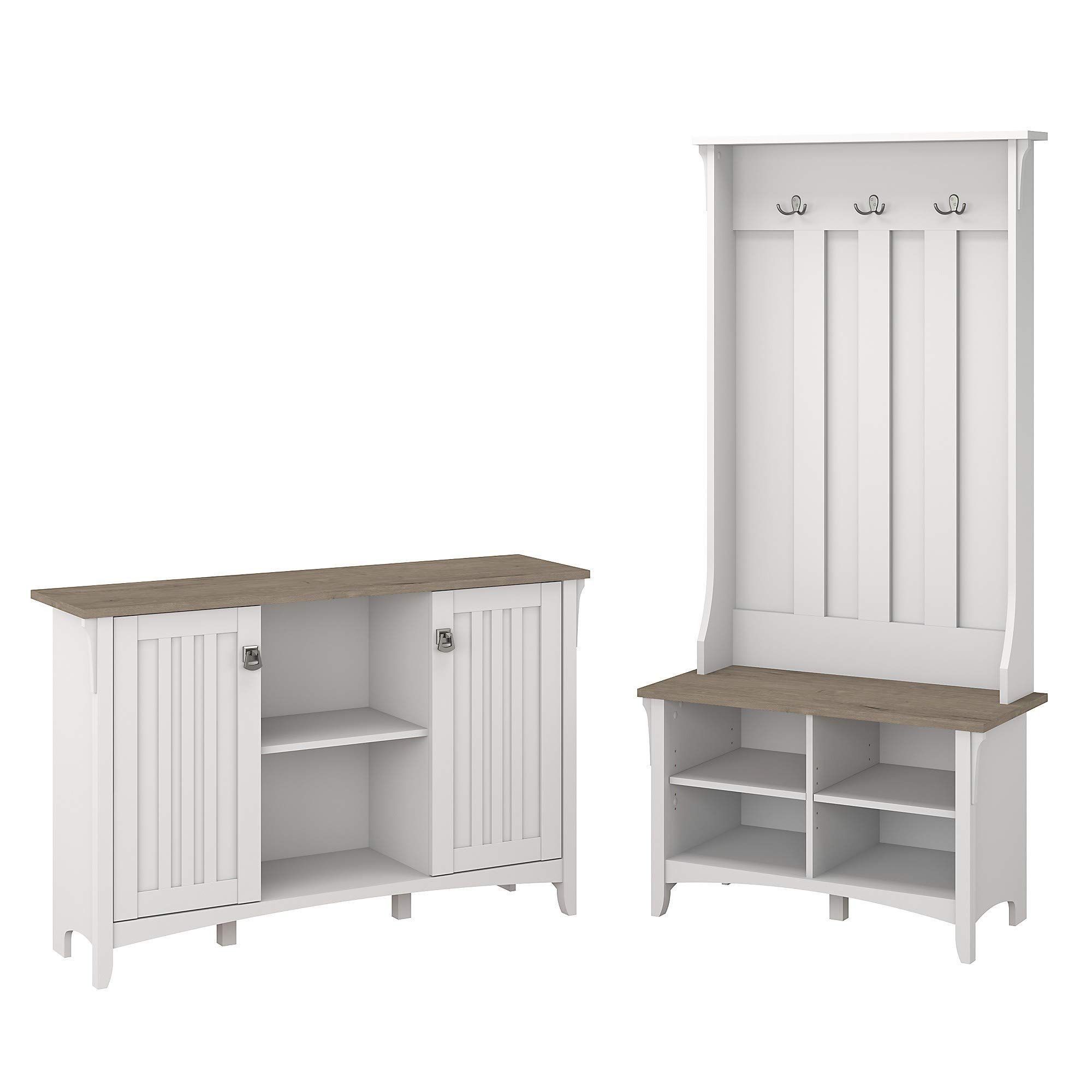 Bush Furniture Salinas Entryway Storage Set - Hall Tree, Shoe Bench & Accent Cabinet in Pure White & Shiplap Gray | Perfect for Small Spaces, Mudroom Organization & Home Entryway Decor