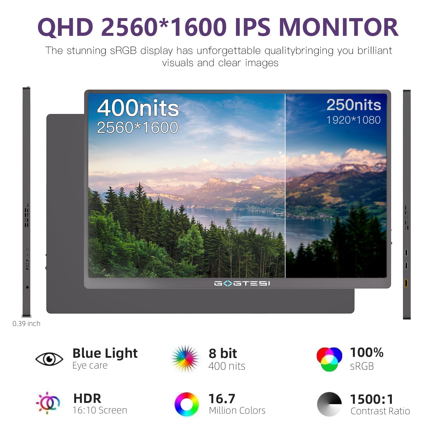 16 Inch Portable Monitor - 2.5K 120Hz QHD IPS Matte Screen with USB-C & HDMI, Ultra Bright Eye Care Display for Laptop, PC, MAC, Phone, Nintendo Switch, PS5, Xbox - Perfect for Office Work, Gaming & Travel