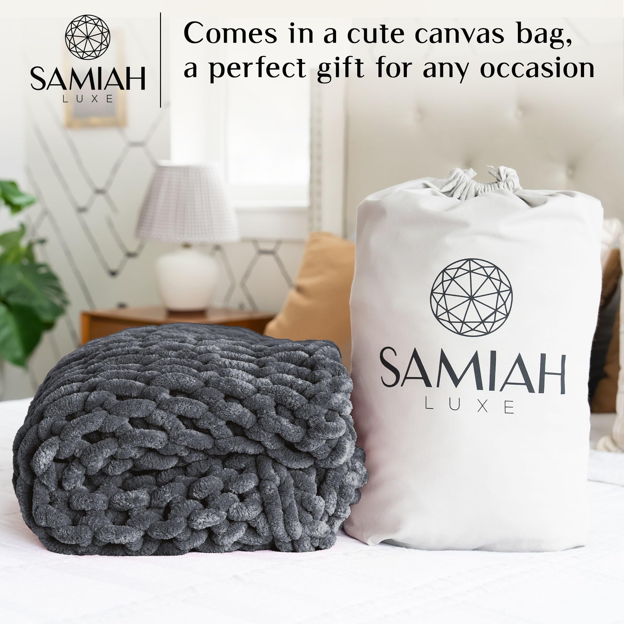 Luxury SAMIAH Chunky Knit Blanket 50x70 Inches - Soft Grey Chenille Cable Knit Throw for Couch, Bed & Home Decor | Thick Yarn Knitted Blanket Perfect for Living Room, Bedroom & Boho Style | Cozy Winter Blanket for Netflix Nights & Family Gatherings
