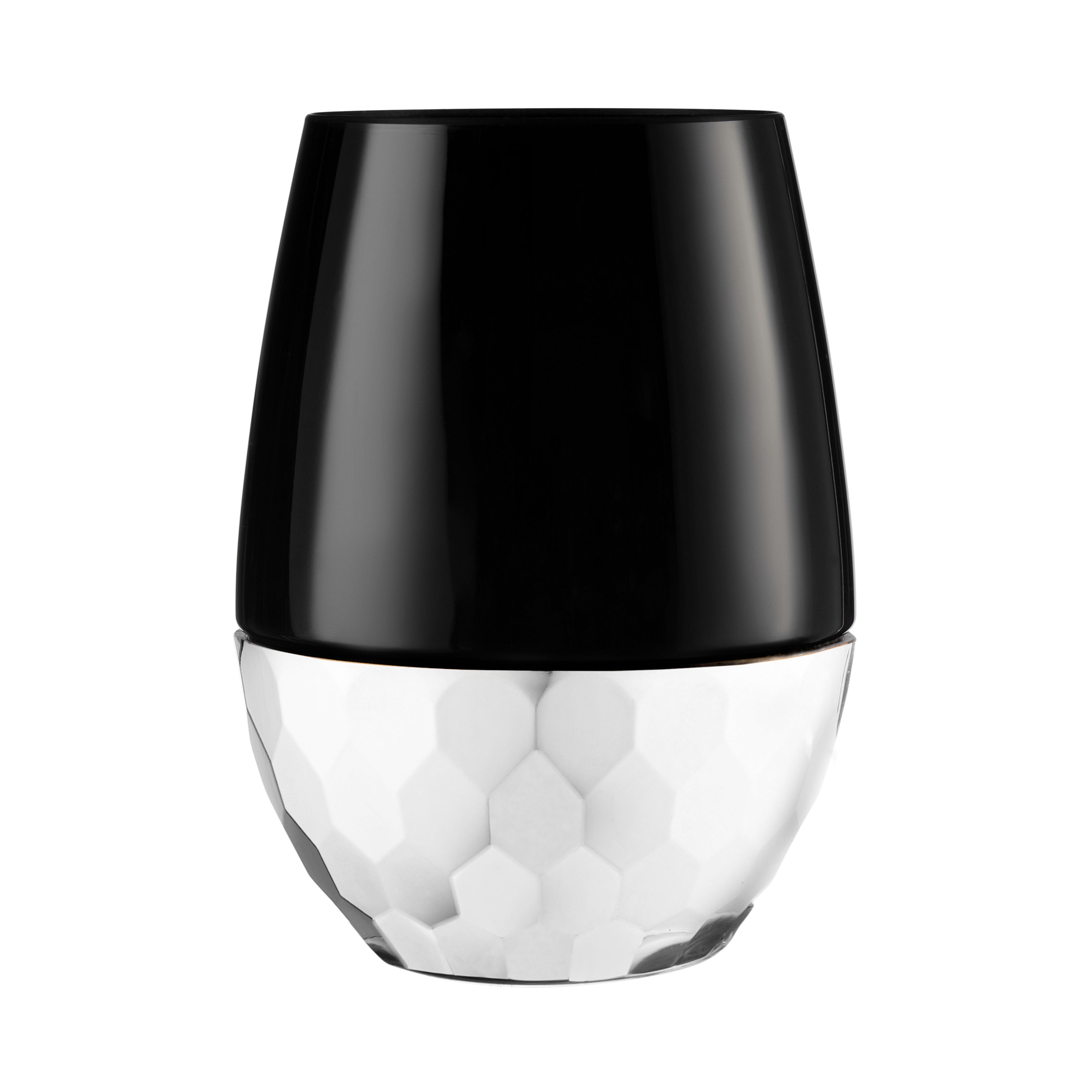 16 Oz Black Stemless Wine Glasses with Hammered Silver Design - Set of 6 for Parties, Weddings & Home Decor | Shatter-Resistant & Dishwasher Safe