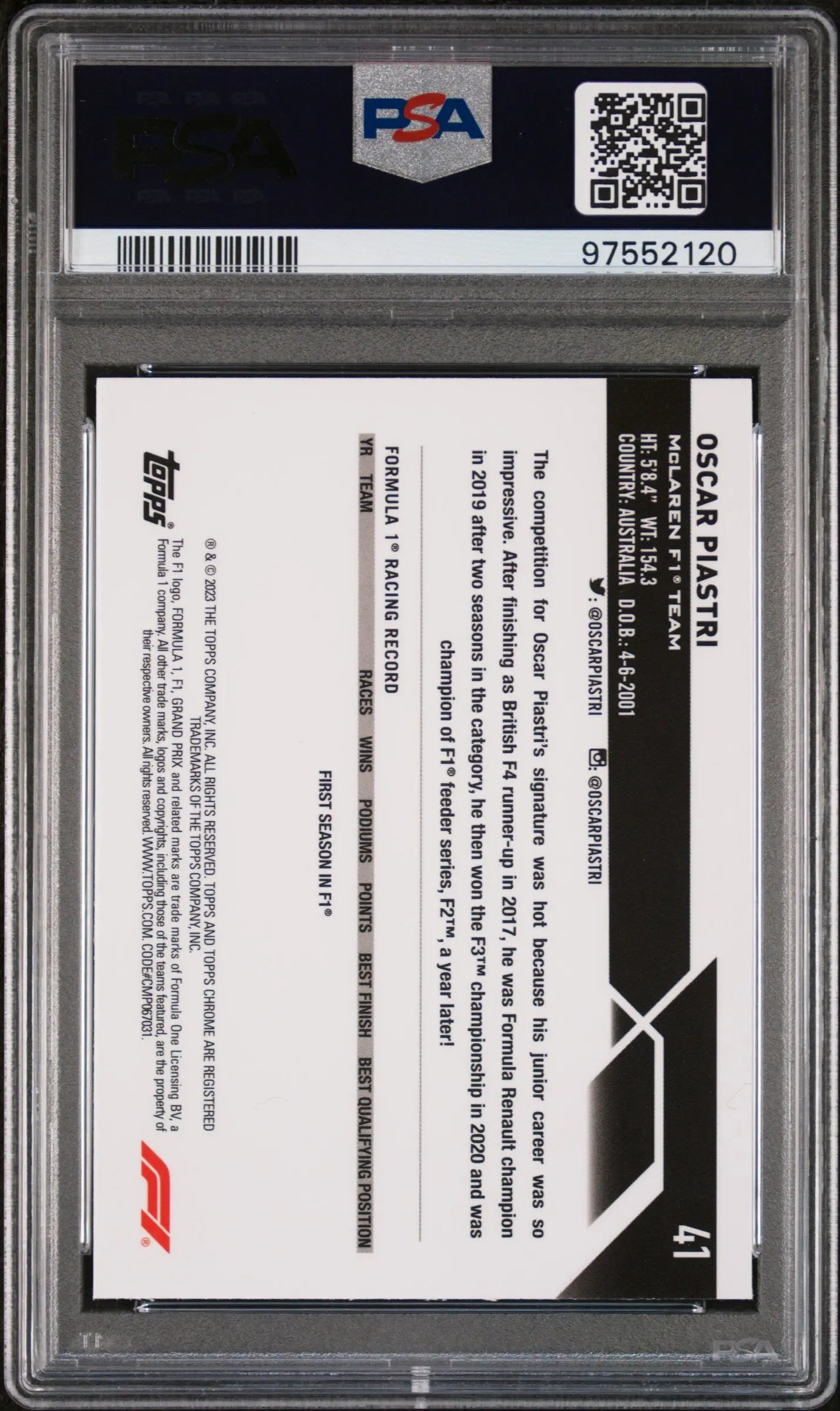 2023 Topps Chrome Formula 1 Oscar Piastri Rookie Card PSA 8 04/50 #41 - Rare Collectible for F1 Fans & Sports Memorabilia Enthusiasts