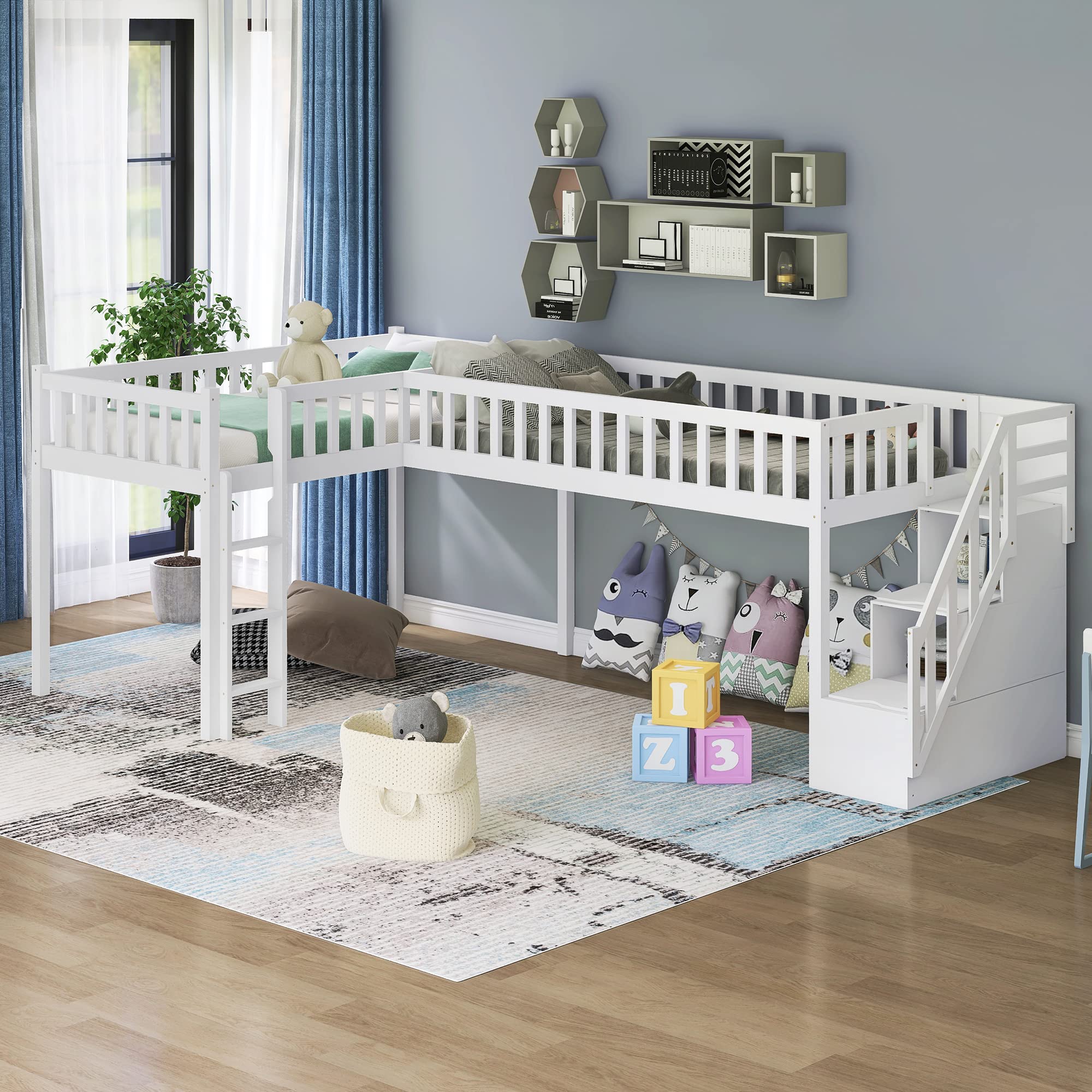 L-Shaped Twin Loft Bunk Bed with 2 Storage Staircases & Ladder - Space-Saving Kids Bed for Teens, Boys & Girls - No Box Spring Needed - Perfect for Small Bedrooms & Shared Kids' Rooms