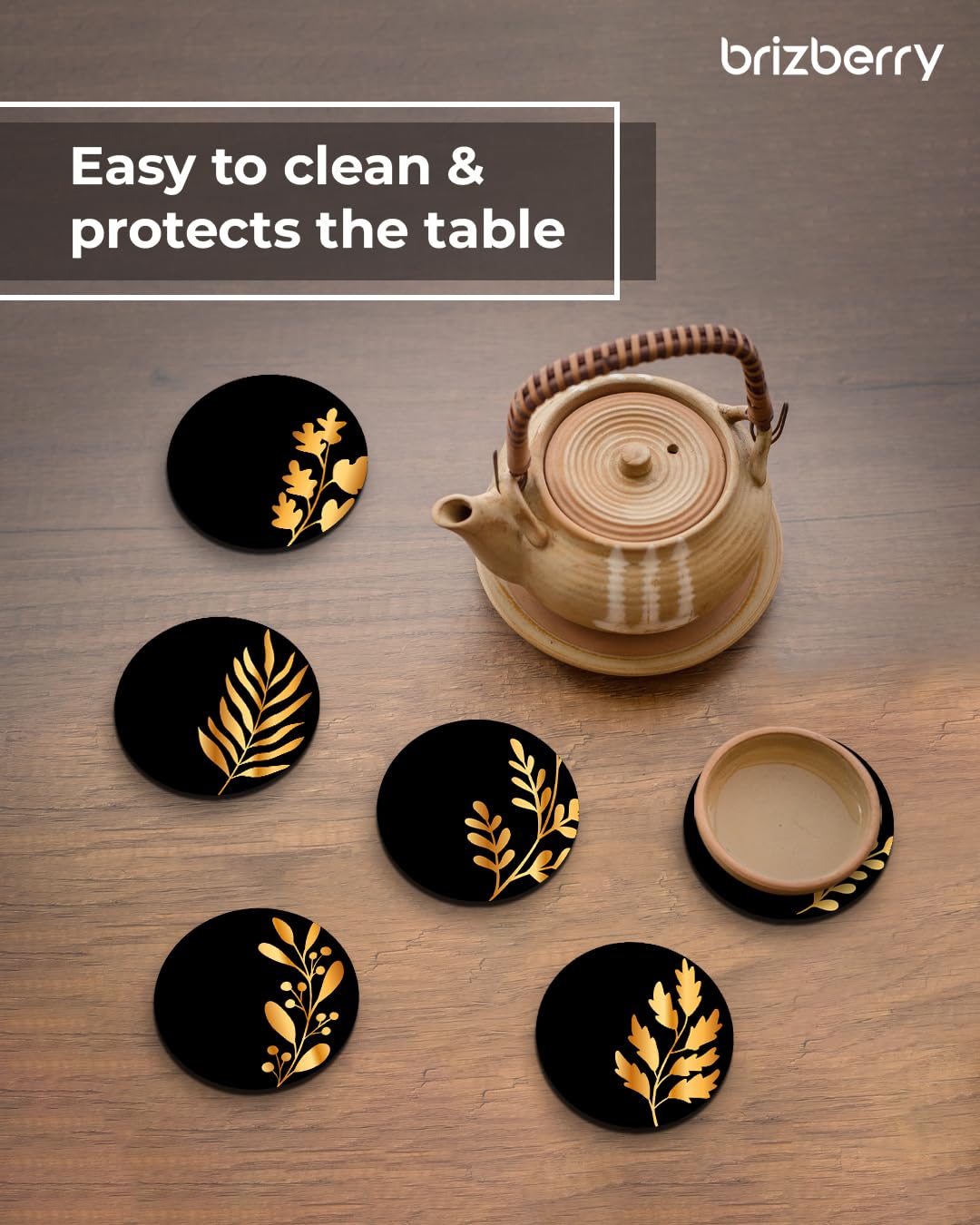 Premium Round Black Leaf Wooden Coasters Set of 6 - 3.5x3.5 Inch - Elegant Drink Coasters for Tea Cups, Coffee Mugs & Glasses - Perfect Diwali Gift & Home Decor for Dining Table, Office Desk or Living Room