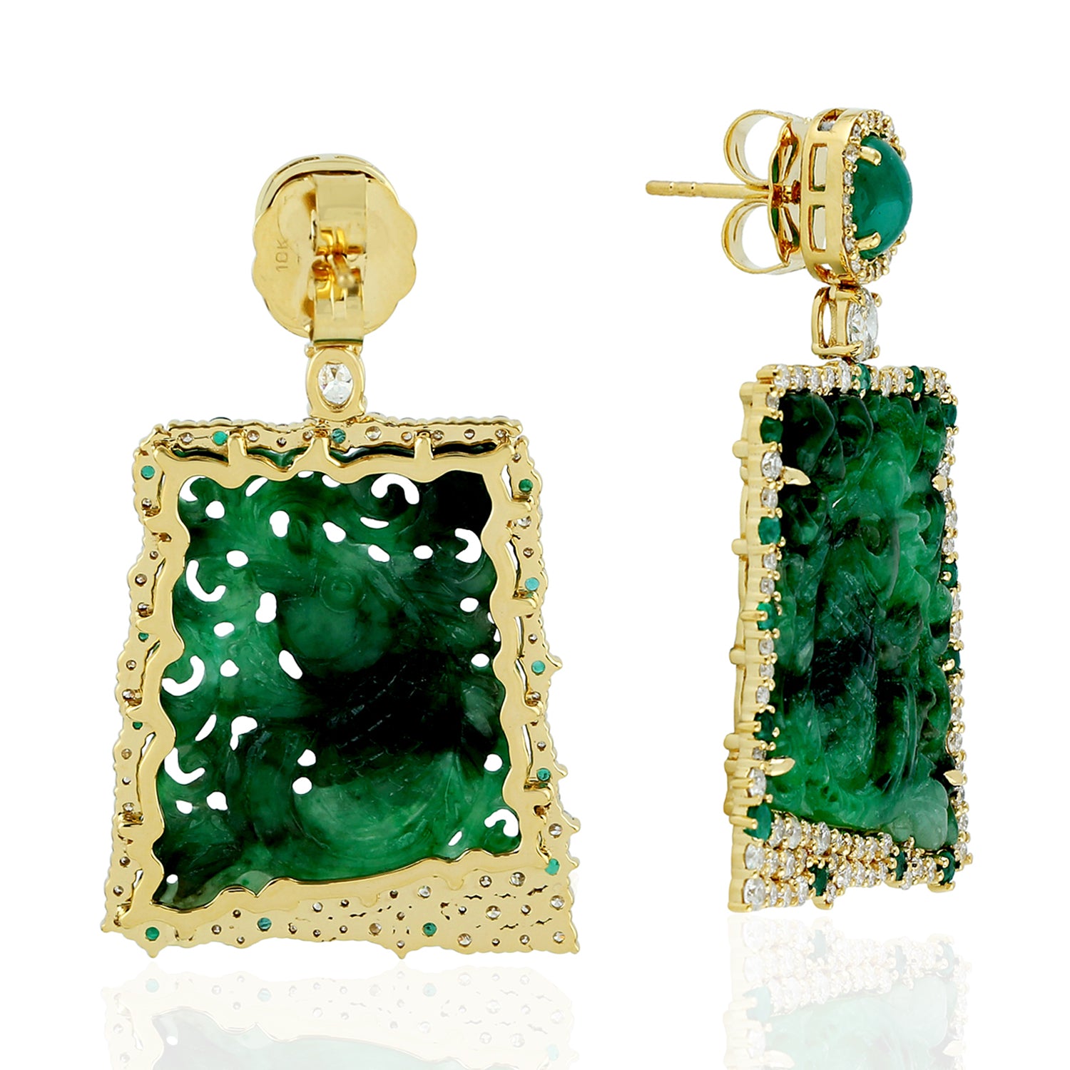 18K Yellow Gold Hand-Carved Jade Oval Emerald Pave Diamond Dangle Earrings – Elegant Designer Jewelry Gift for Women, Perfect for Weddings, Parties & Special Occasions