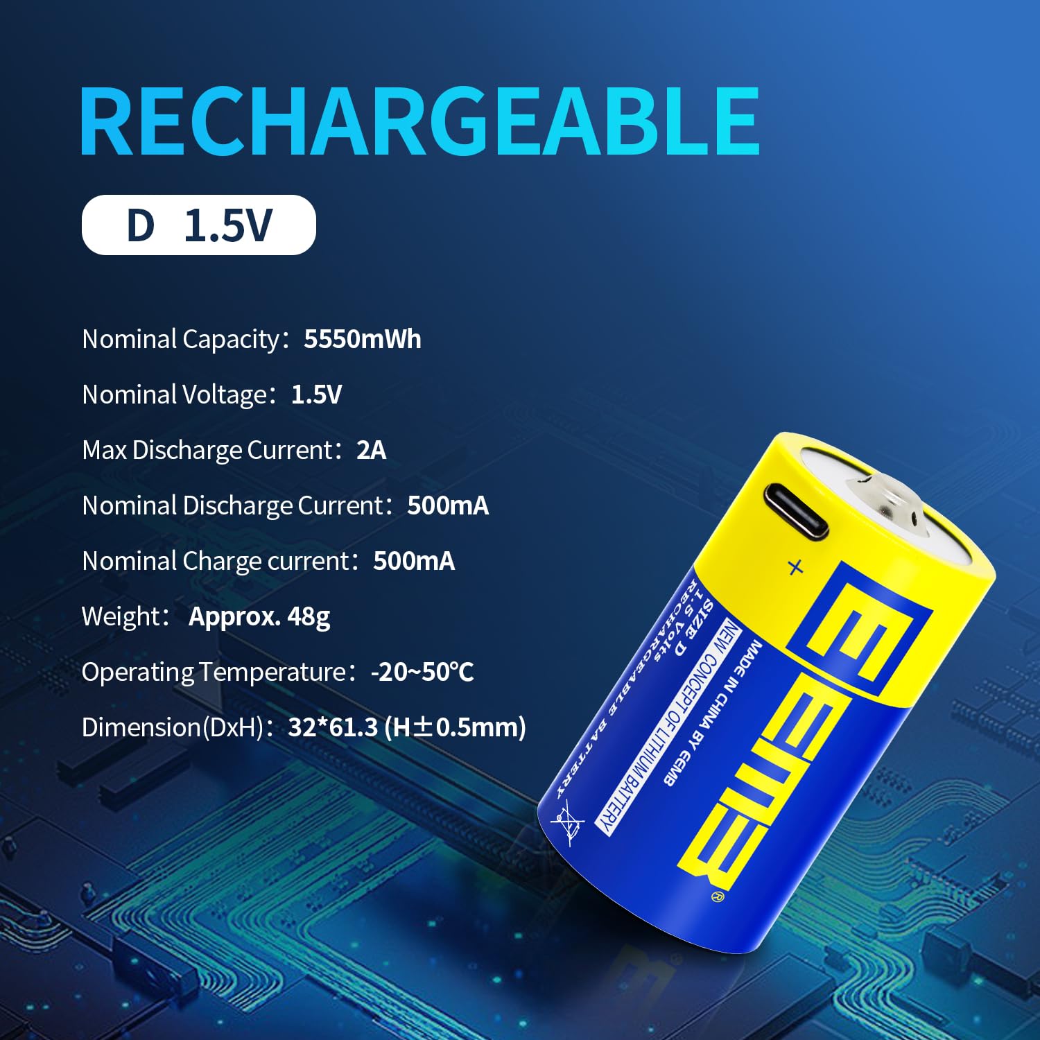 EEMB 1.5V Rechargeable D Batteries 5550mWh Lithium D Cell Batteries with USB Type-C Cable - 2 Pack LR20 Replacement for Flashlights, Emergency Lights & Camping Gear